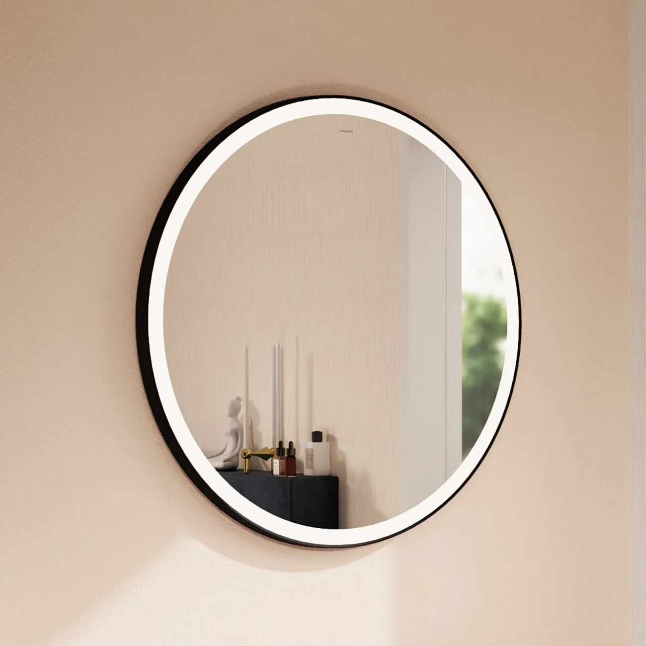 Okrągłe lustro z oświetleniem na ścianie, hansgrohe
