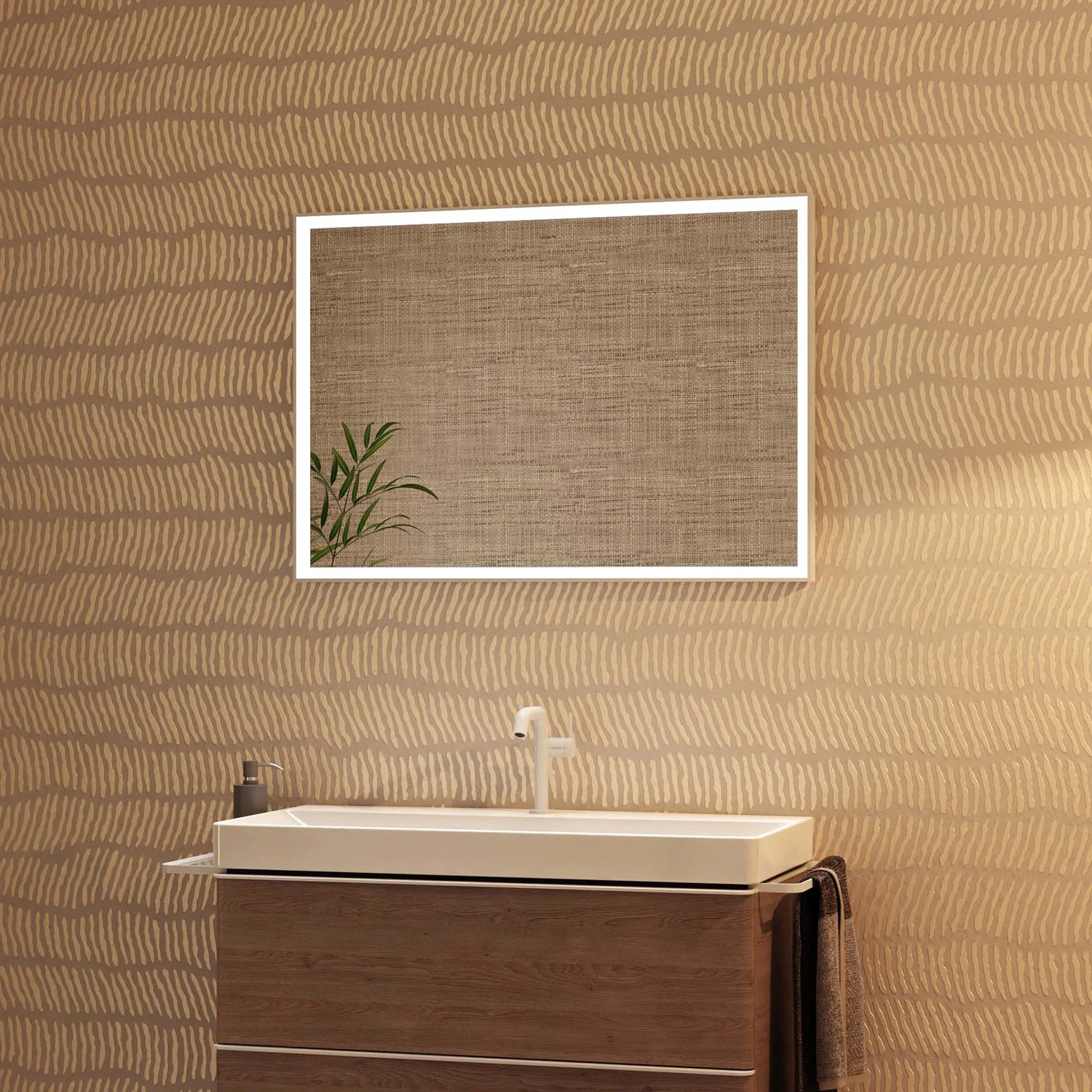 Lustro łazienkowe nad umywalką z rośliną, hansgrohe