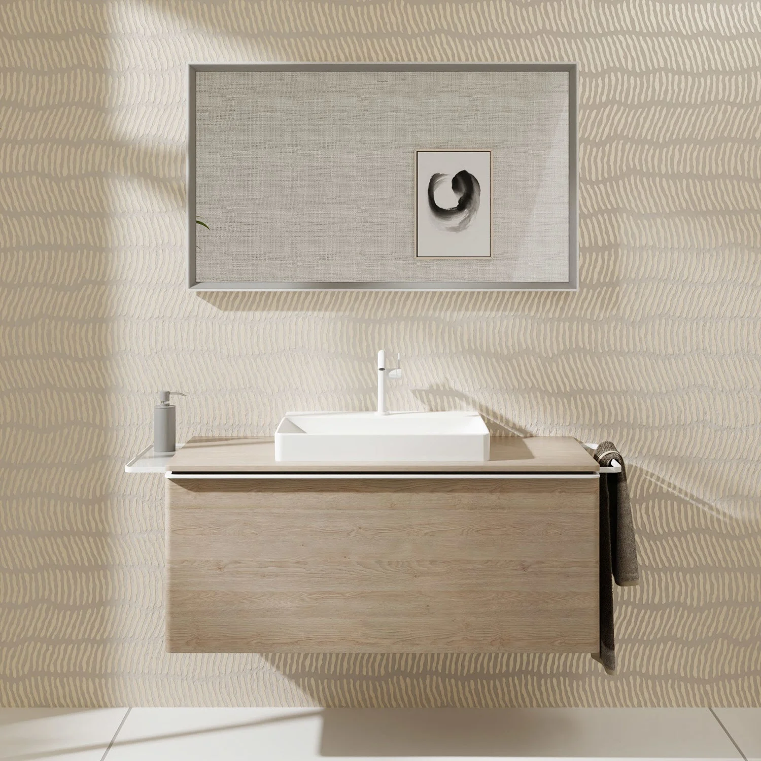 Łazienka z prostokątnym lustrem i umywalką, hansgrohe