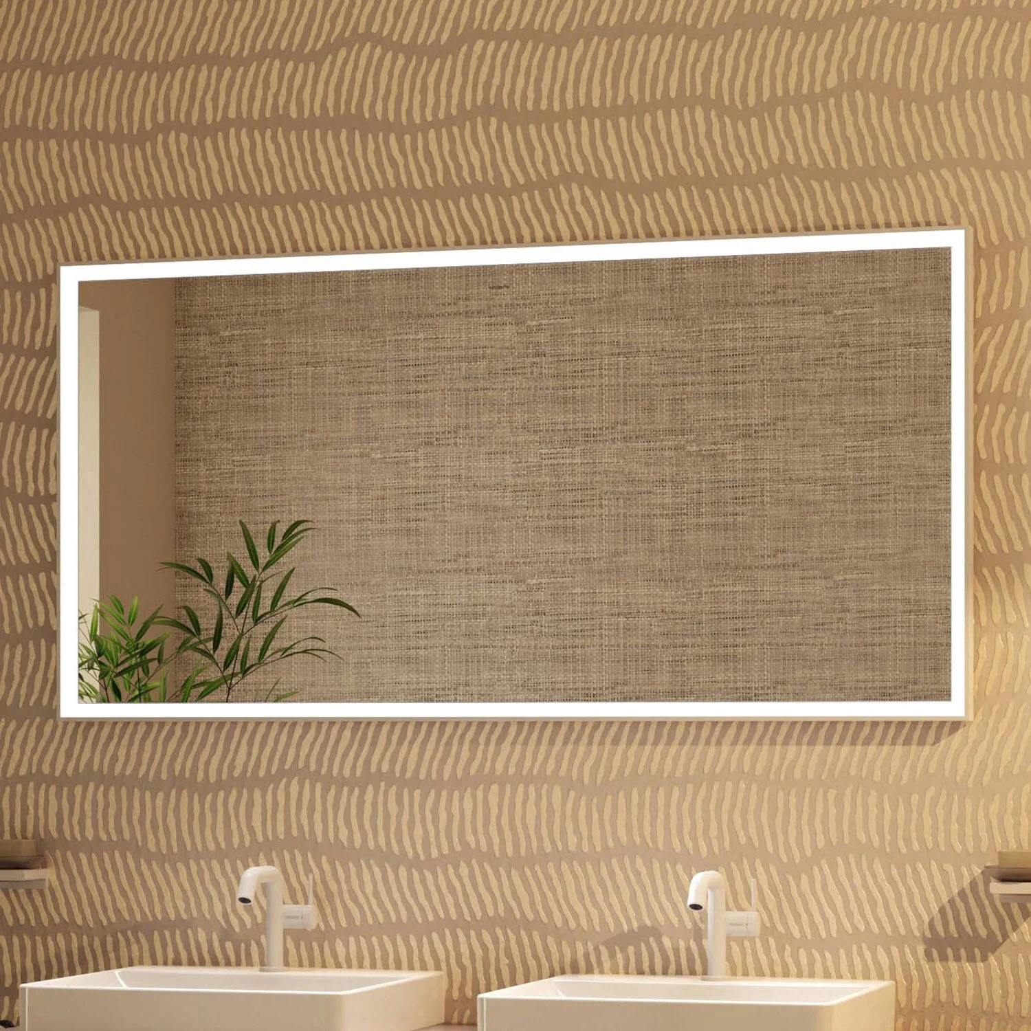 Prostokątne lustro nad dwoma umywalkami, hansgrohe