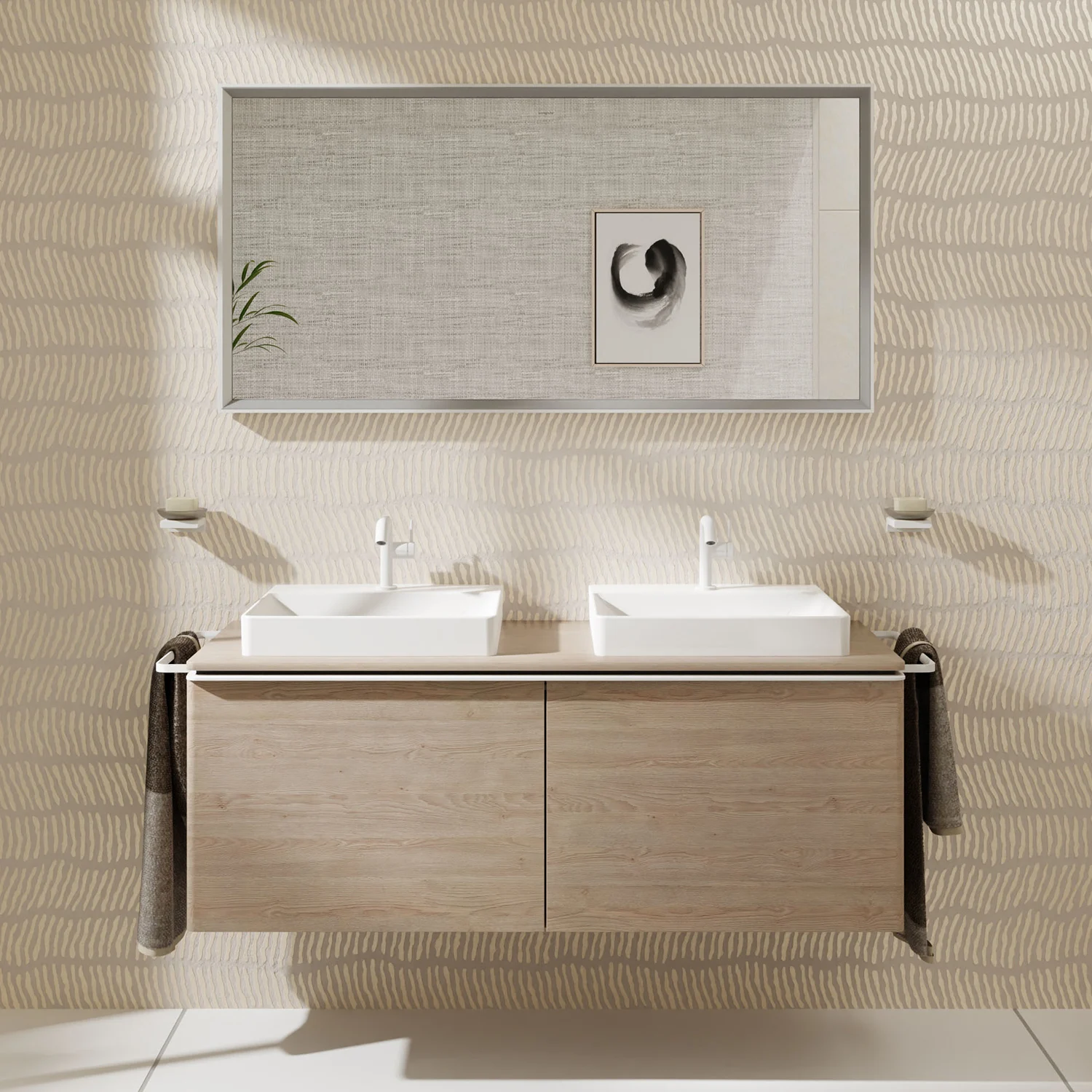Podwójna umywalka z lustrem w nowoczesnej łazience, hansgrohe