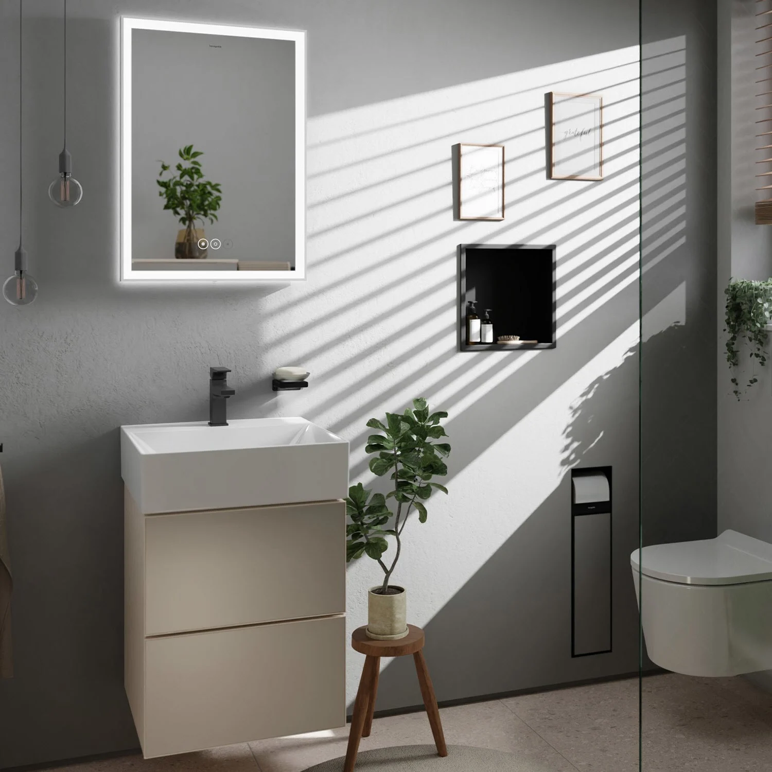 Łazienka z podświetlanym lustrem i umywalką, hansgrohe