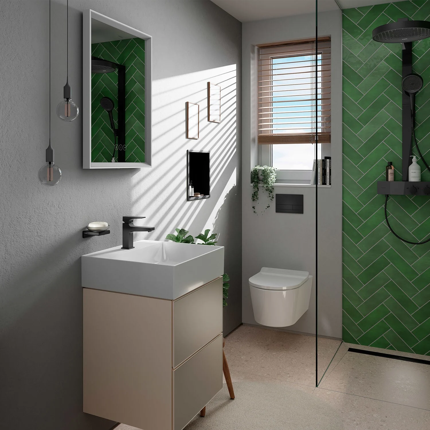Nowoczesna łazienka z zieloną kafelkową kabiną prysznicową, hansgrohe