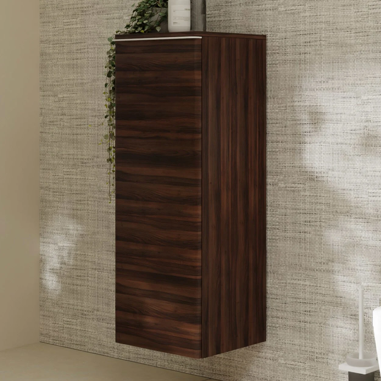 Ciemna drewniana szafka w łazience, hansgrohe