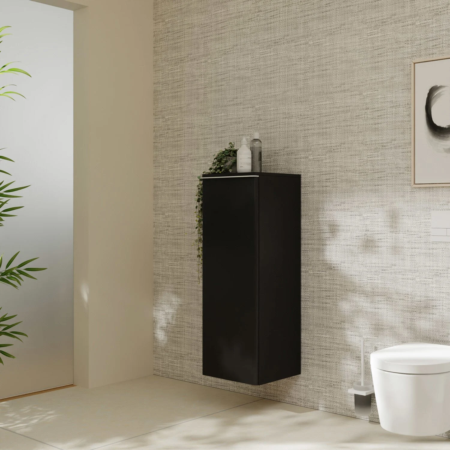 Wysoka szafka w łazience z czarnym wykończeniem, hansgrohe
