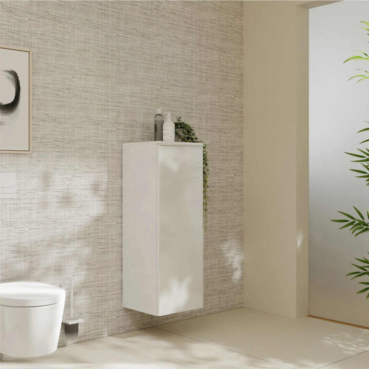 Biała wysoka szafka w łazience z roślinami, hansgrohe