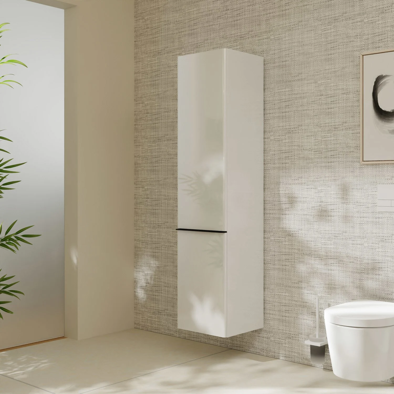 Biała wysoka szafka w nowoczesnej łazience, hansgrohe