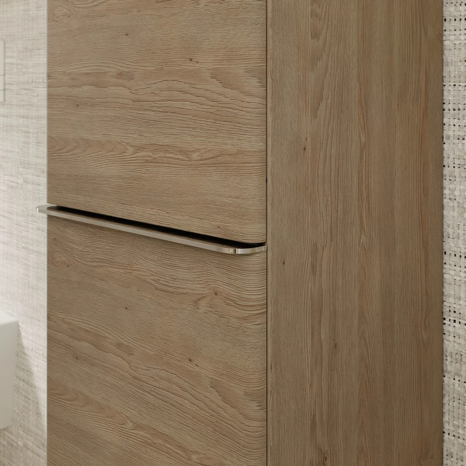 Zbliżenie drewnianej wysokiej szafki w łazience, hansgrohe