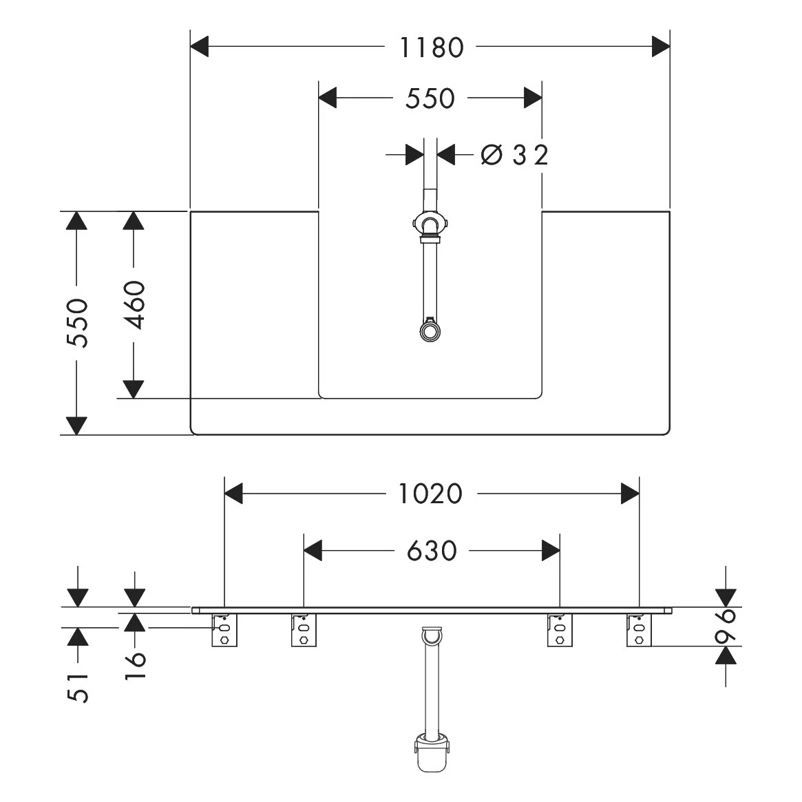 hansgrohe Xelu Q Konsole mit Ausschnitt mittig 118 x 55 cm, für Aufsatzwaschtisch geschliffen 60 x 48 cm Bild 4