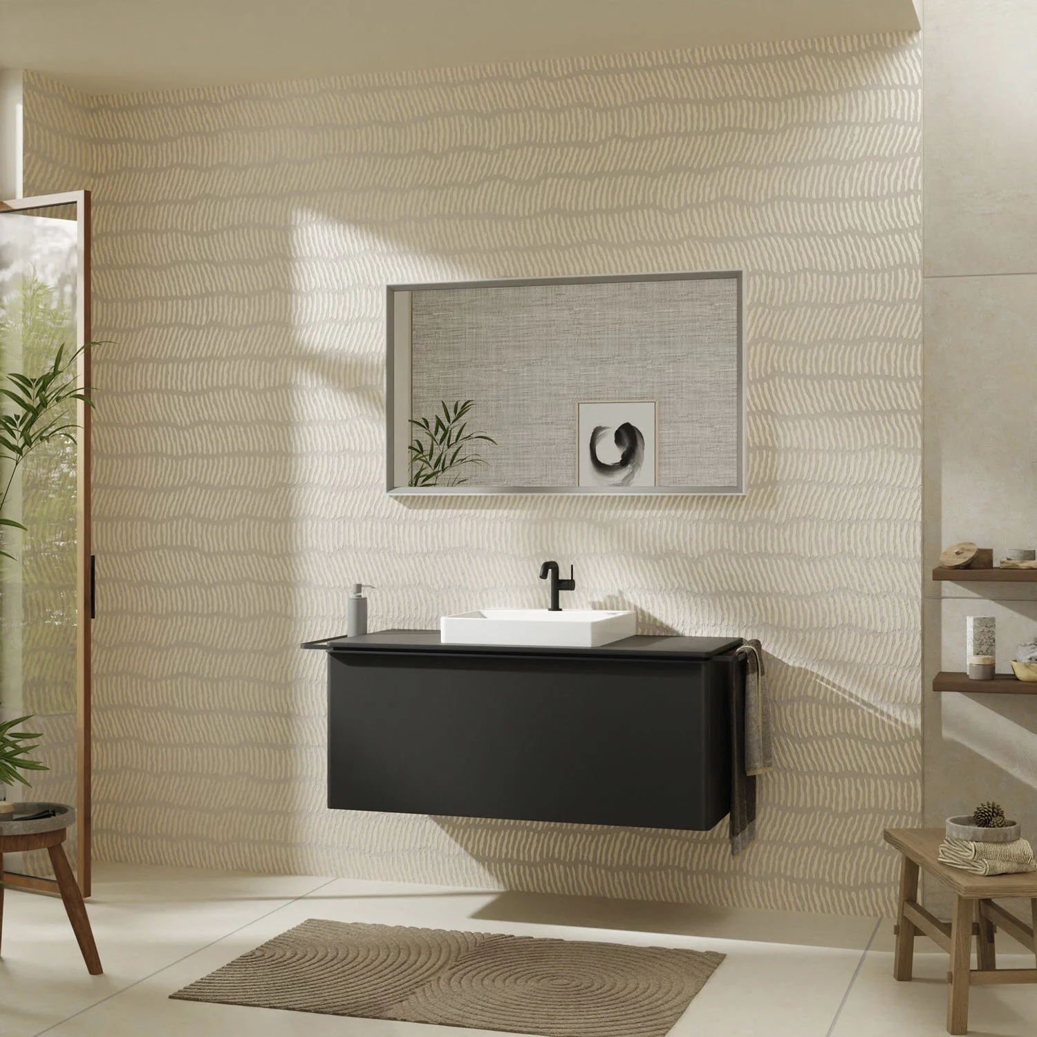 Łazienka z czarną konsolą umywalkową, hansgrohe
