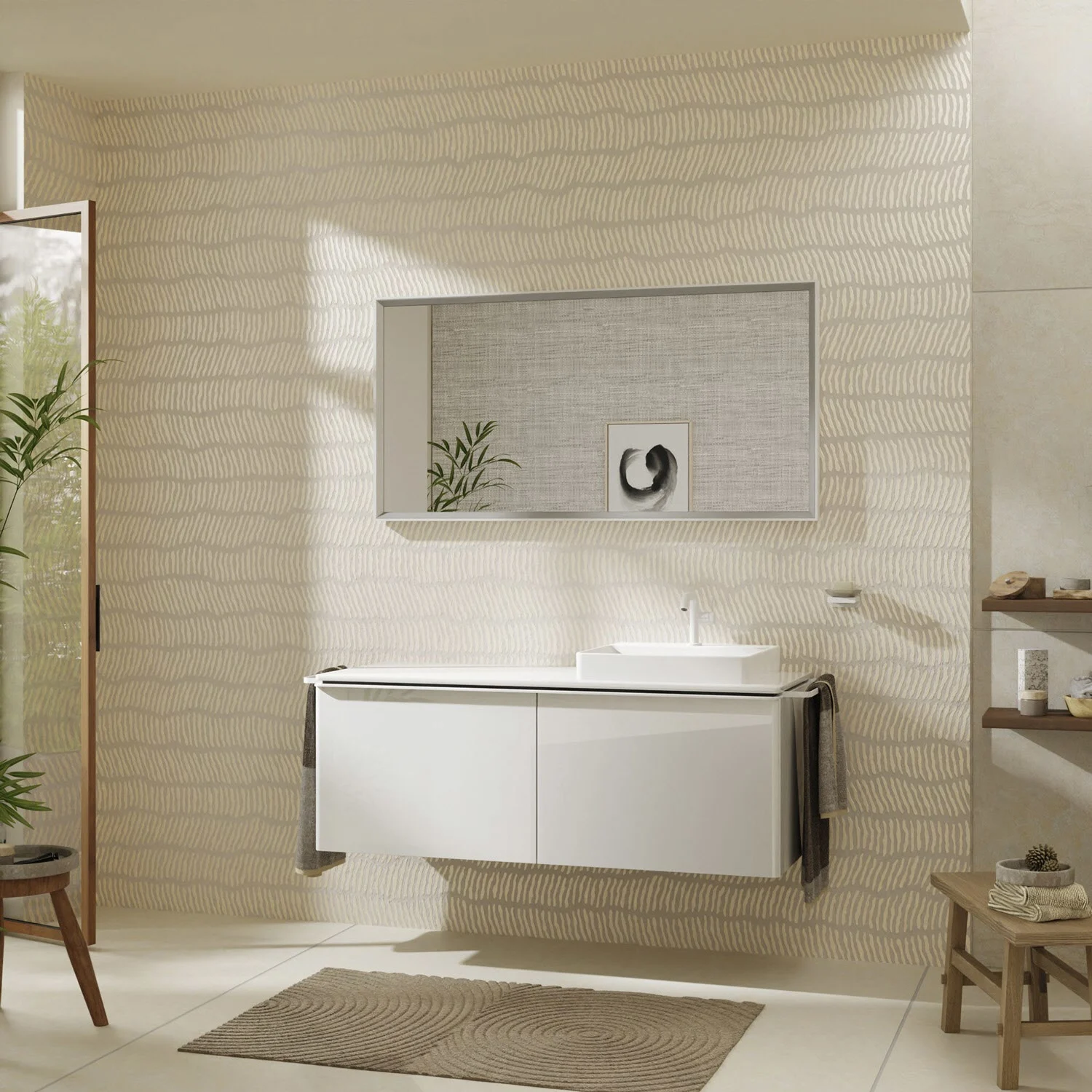 Łazienka z białą umywalką i lustrem, hansgrohe