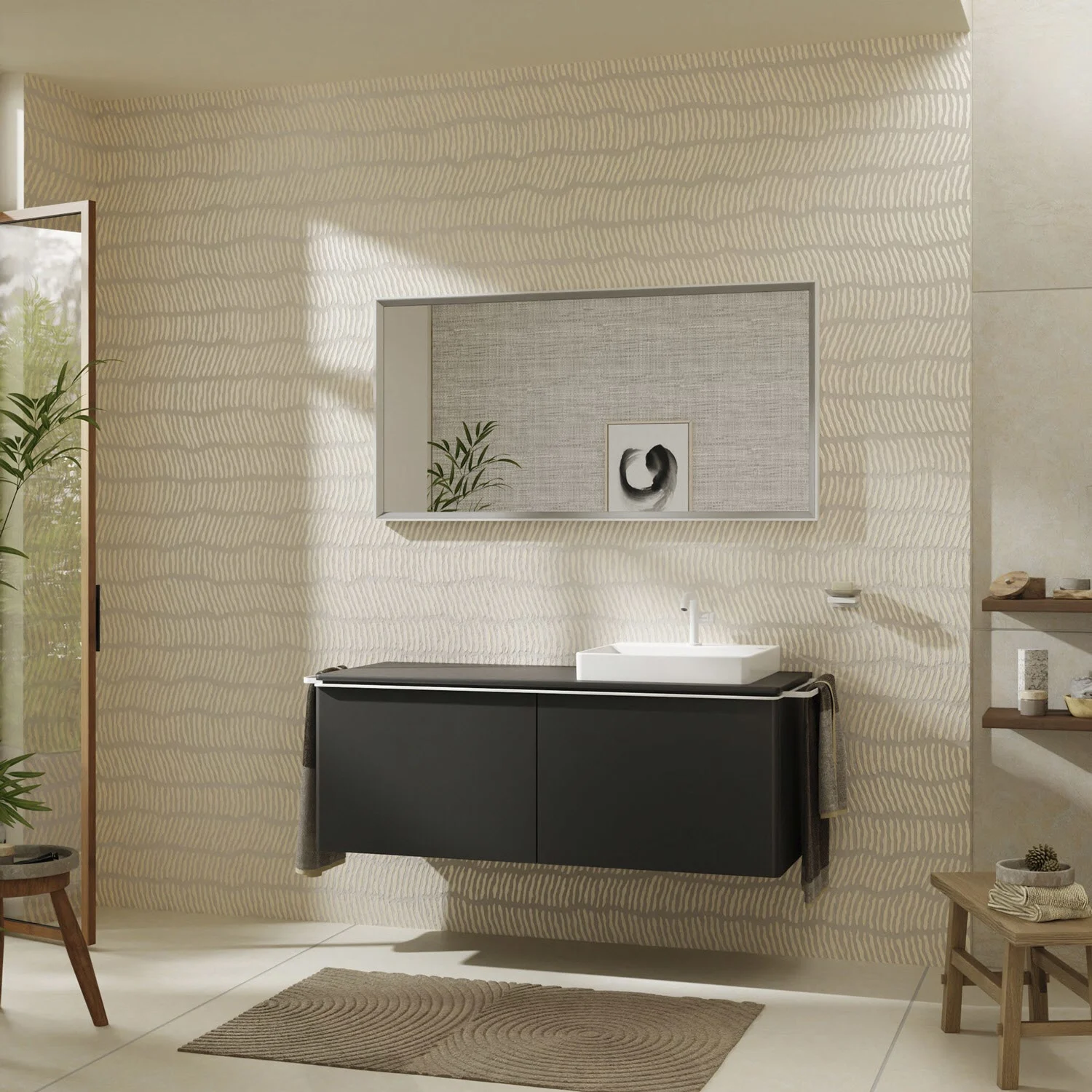 Łazienka z czarną umywalką i lustrem, hansgrohe
