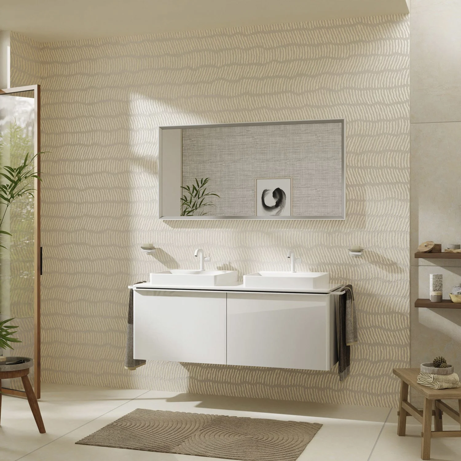 Łazienka z podwójną umywalką i lustrem, hansgrohe