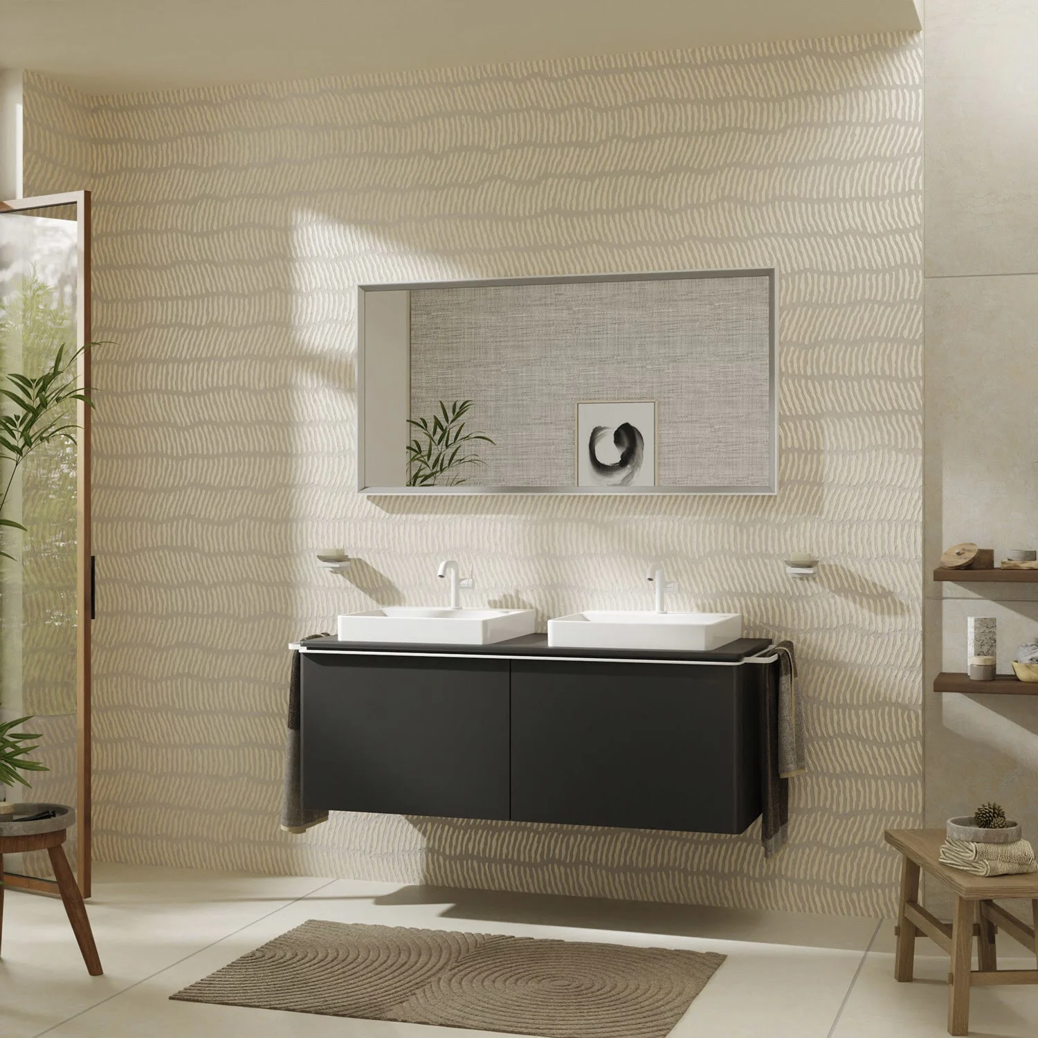 Łazienka z czarną podwójną umywalką i lustrem, hansgrohe
