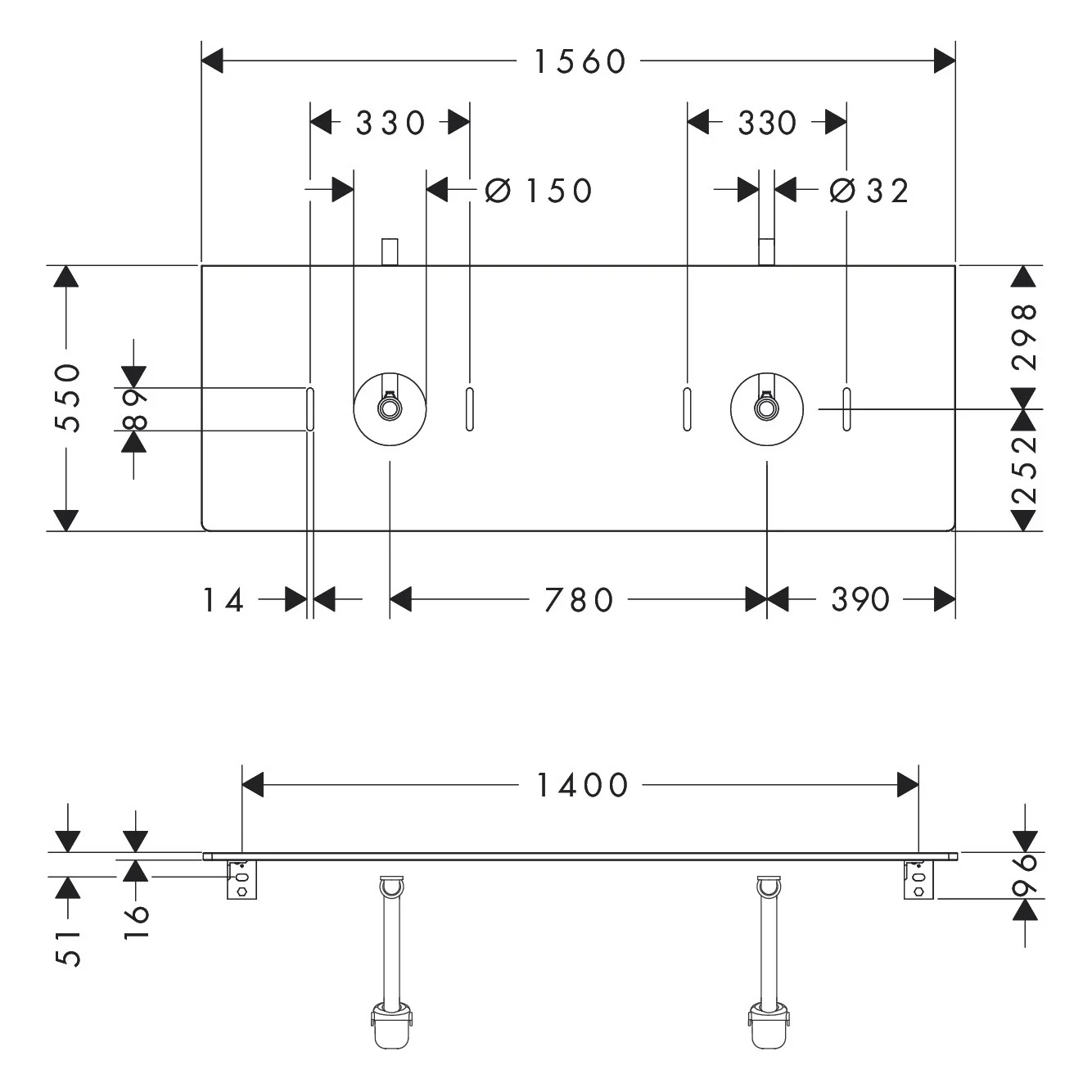 hansgrohe Xelu Q Konsole mit 2 Ausschnitten 156 x 55 cm, für Aufsatzwaschtisch ohne Hahnloch Bild 2
