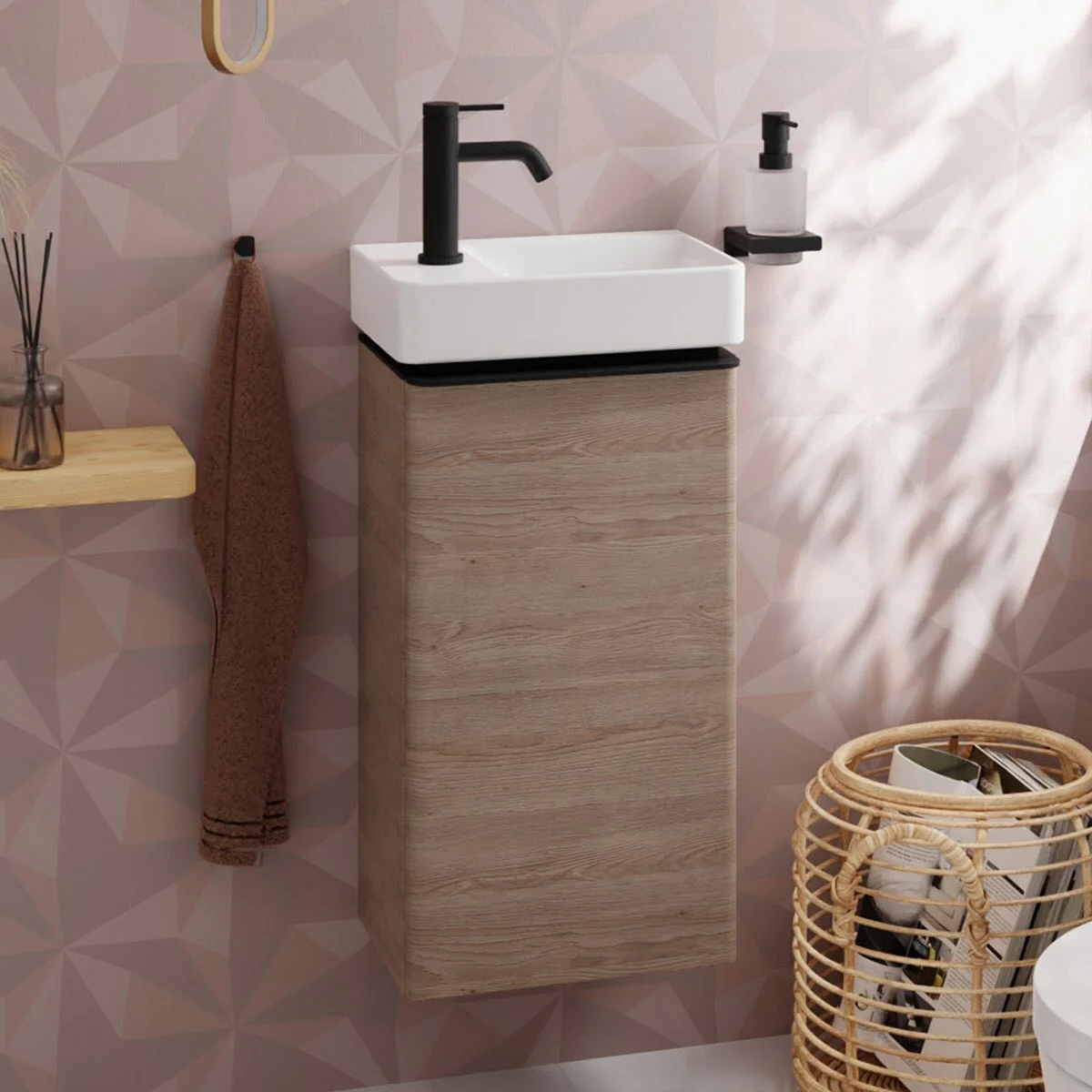 Szafka pod umywalkę z czarną baterią i dozownikiem mydła, hansgrohe