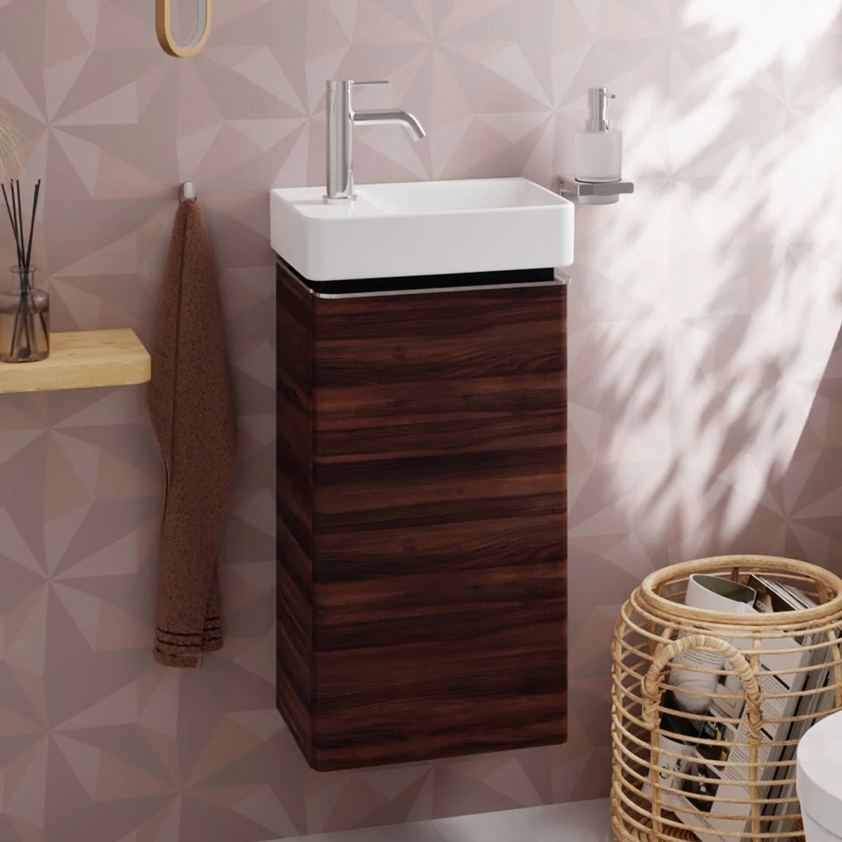 Drewniana szafka pod umywalkę z umywalką w łazience, hansgrohe