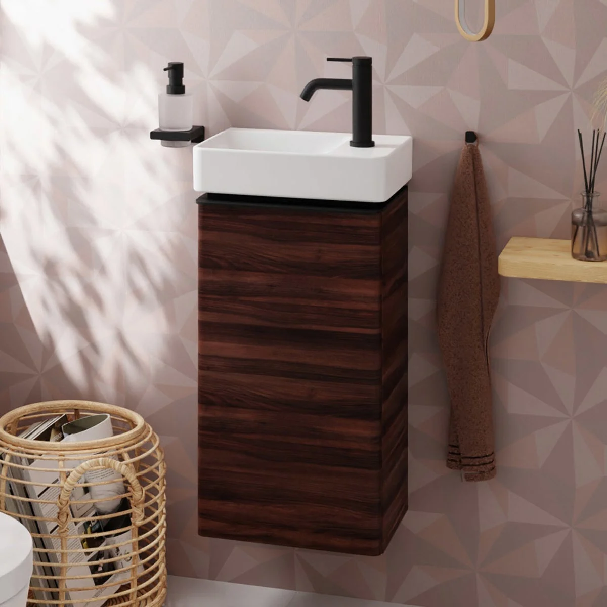 Szafka pod umywalkę z ciemnym drewnem w łazience, hansgrohe