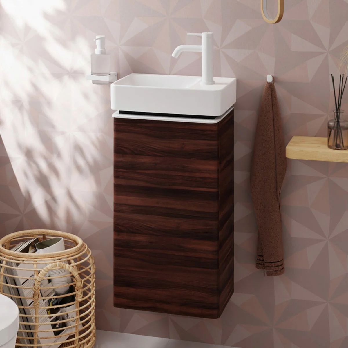 Ciemnobrązowa szafka pod umywalkę w łazience, hansgrohe