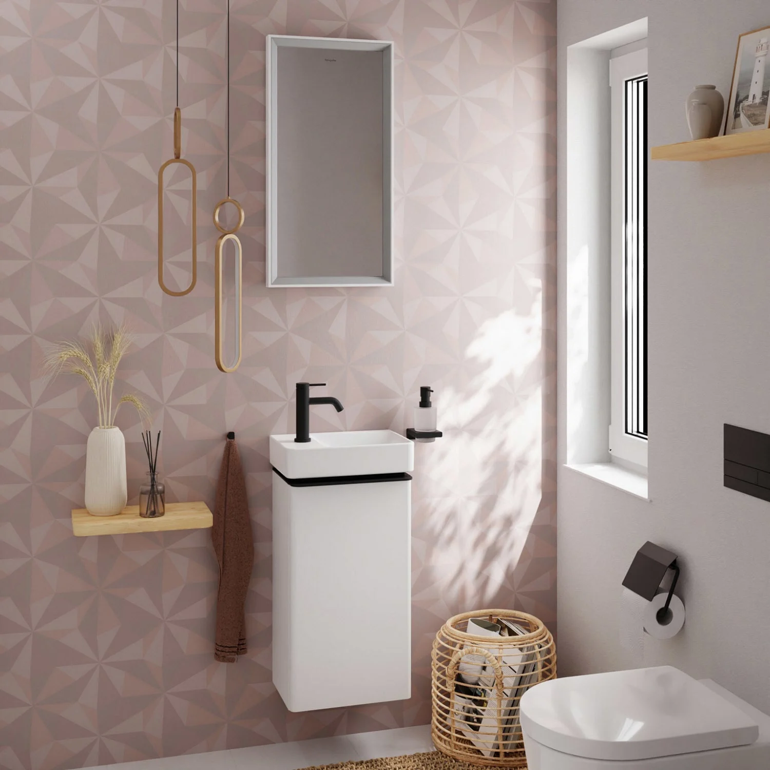 Biała szafka pod umywalkę w łazience z oknem, hansgrohe