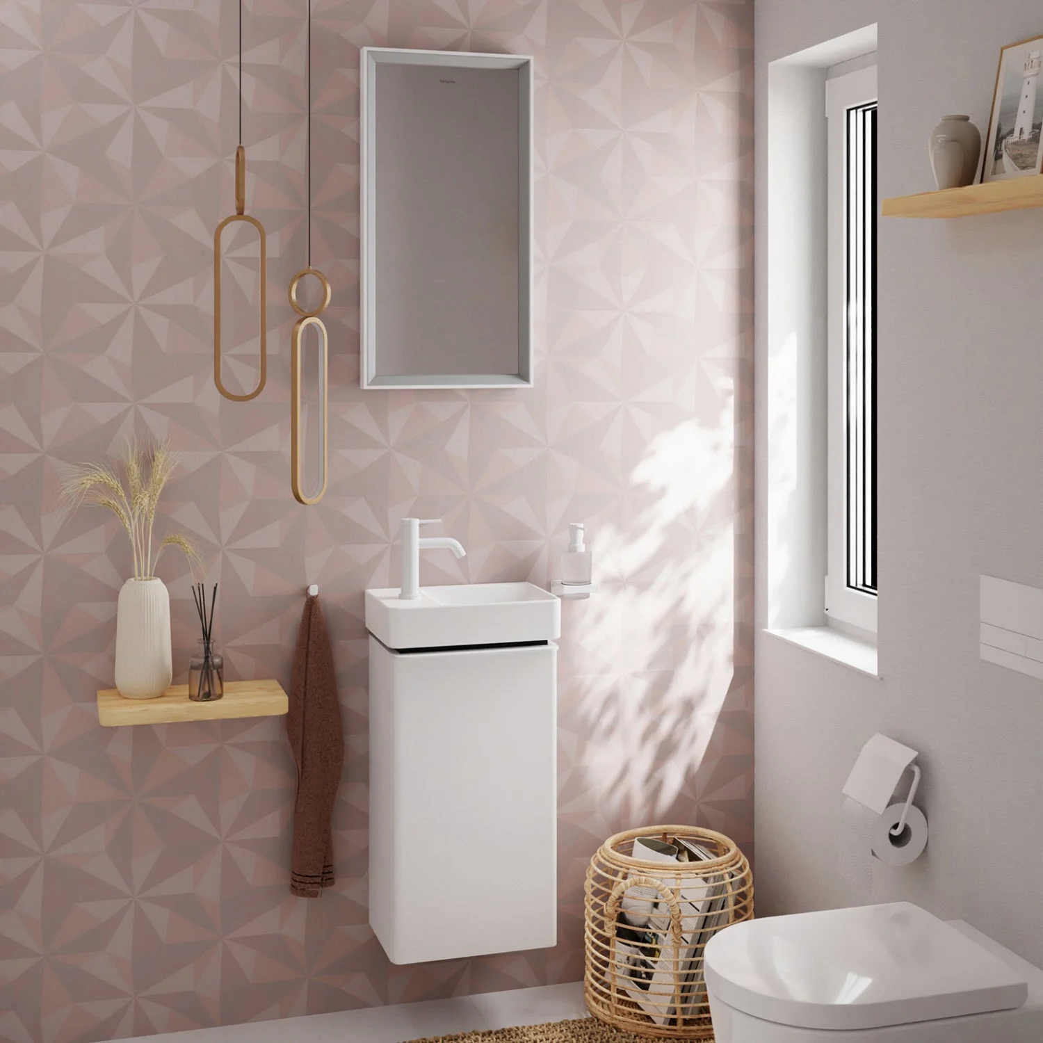 Biała szafka pod umywalkę w łazience z oknem, hansgrohe