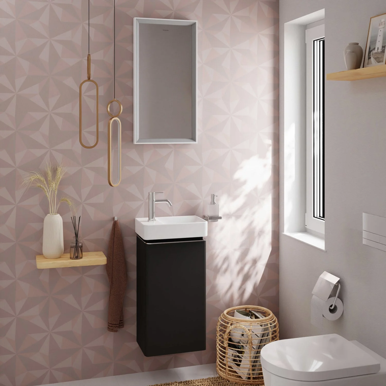 Czarna szafka pod umywalkę w łazience z oknem, hansgrohe