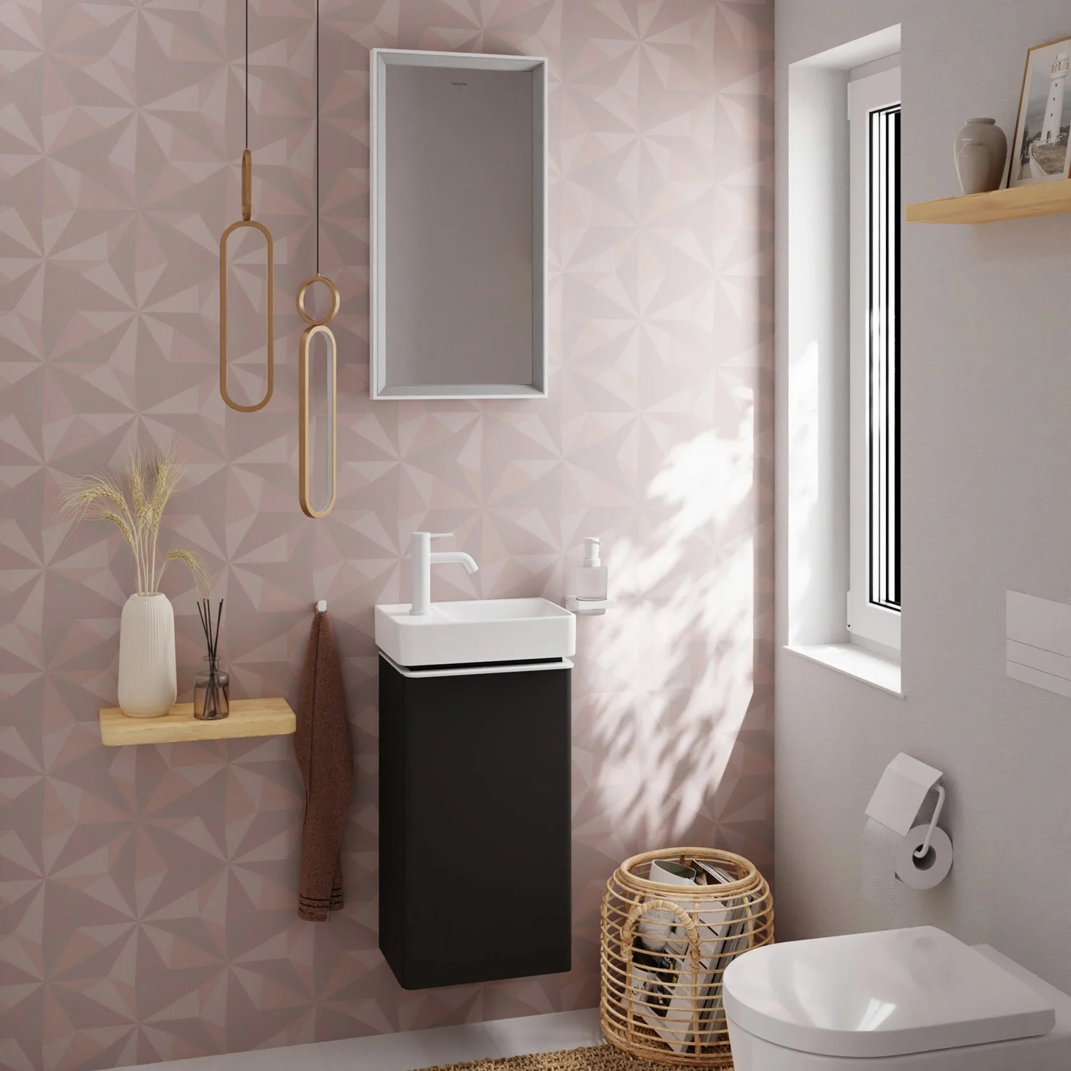 Czarna szafka pod umywalkę w łazience z oknem, hansgrohe