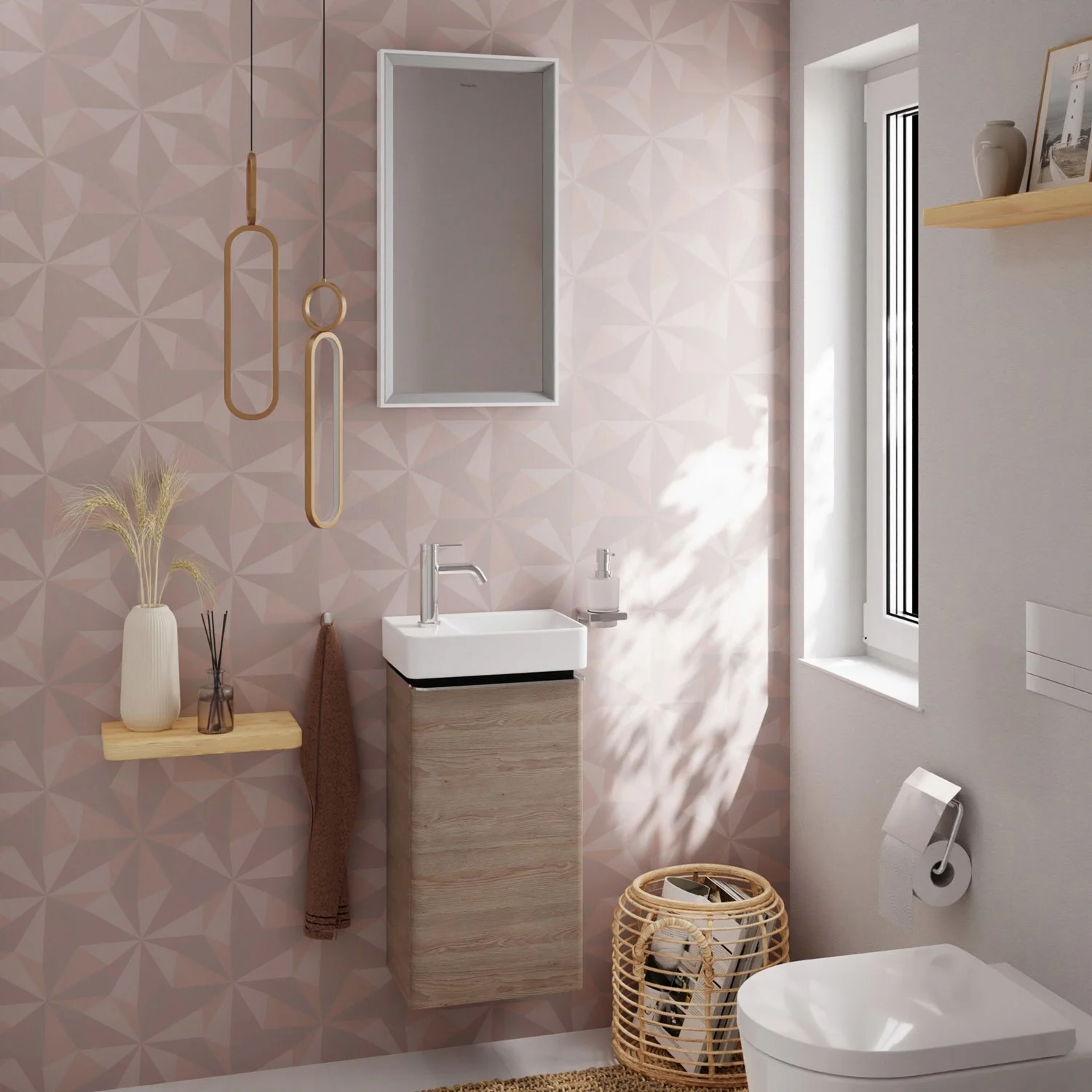 Jasna szafka pod umywalkę w nowoczesnej łazience, hansgrohe
