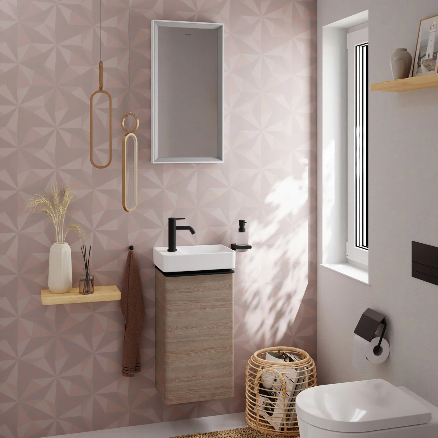 Jasna szafka pod umywalkę z czarną baterią, hansgrohe