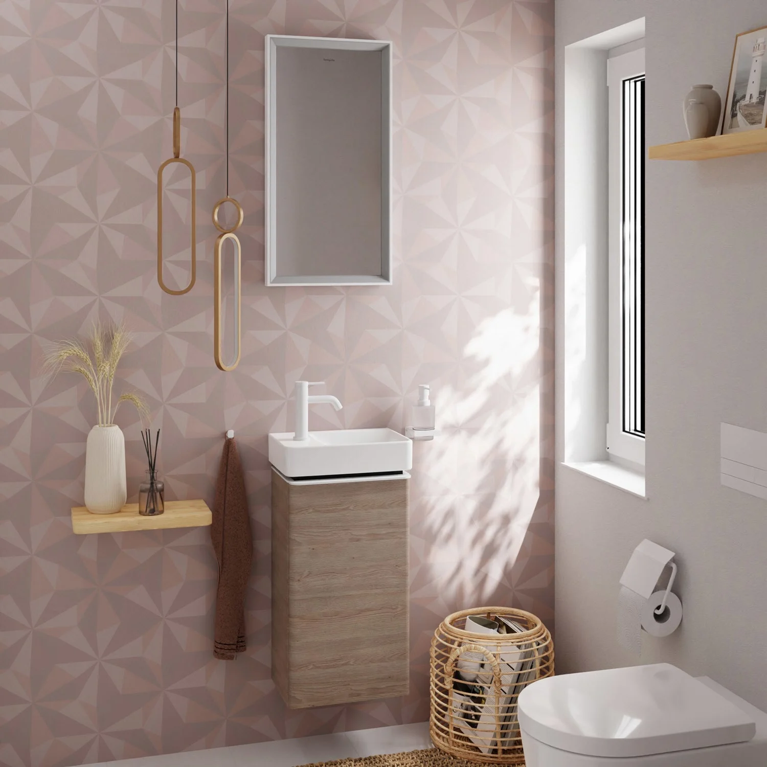 Jasna szafka pod umywalkę w nowoczesnej łazience, hansgrohe