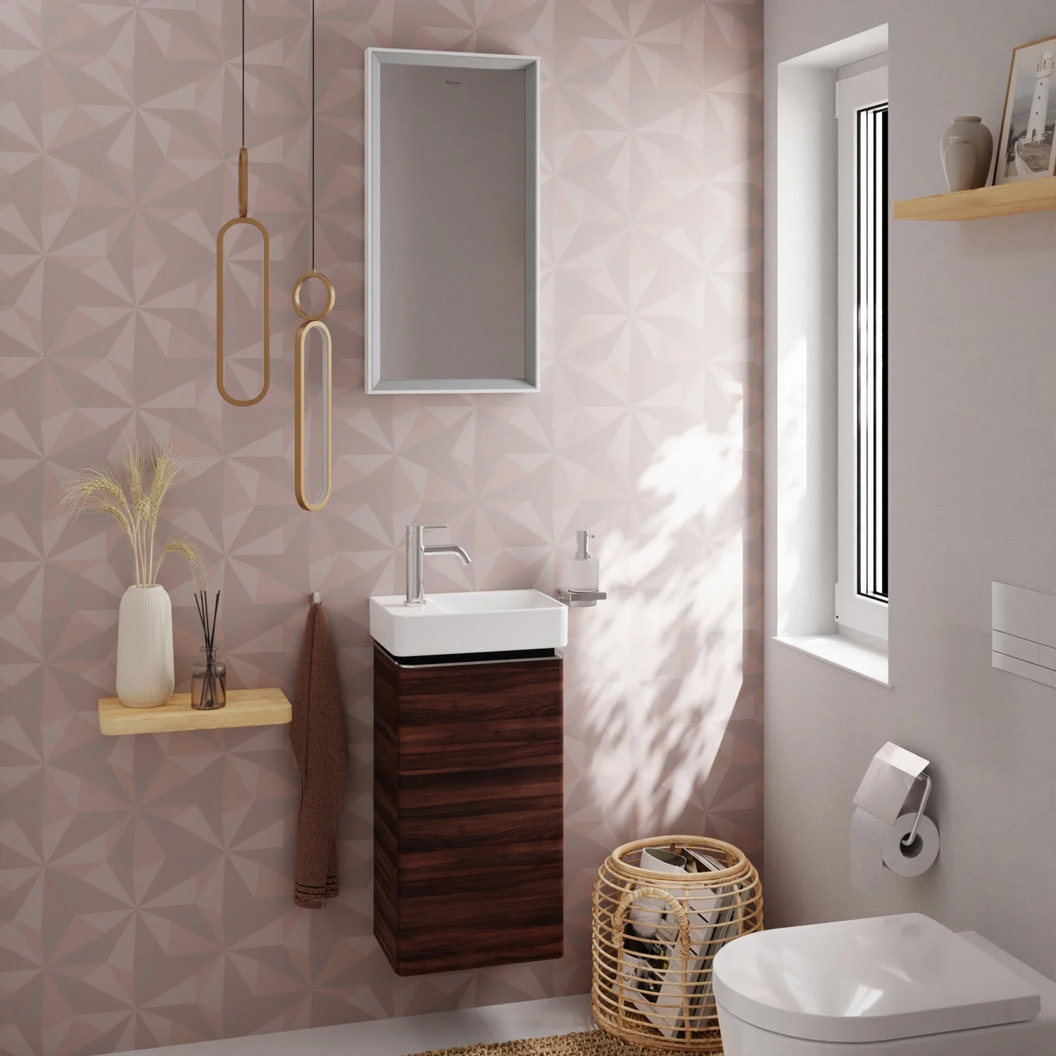 Ciemna szafka pod umywalkę w nowoczesnej łazience, hansgrohe