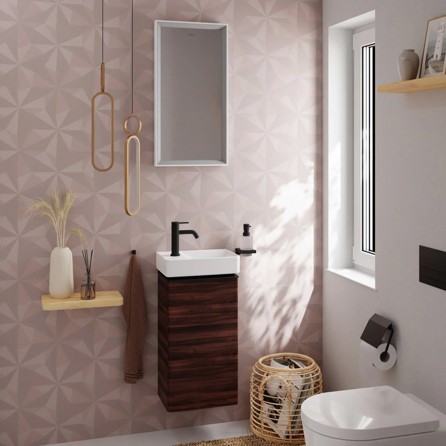 Ciemna szafka pod umywalkę z czarną baterią, hansgrohe
