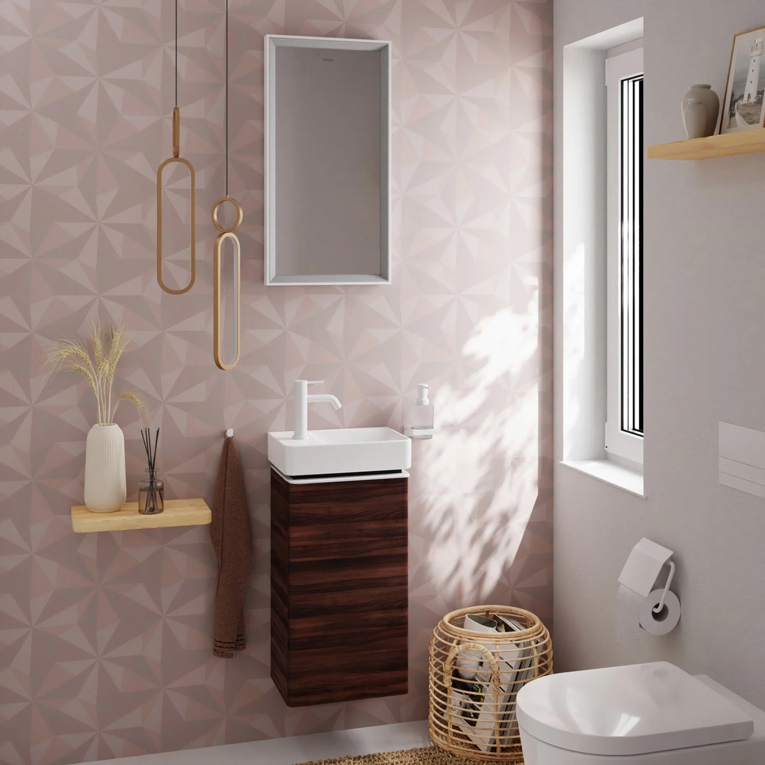 Ciemna szafka pod umywalkę w nowoczesnej łazience, hansgrohe