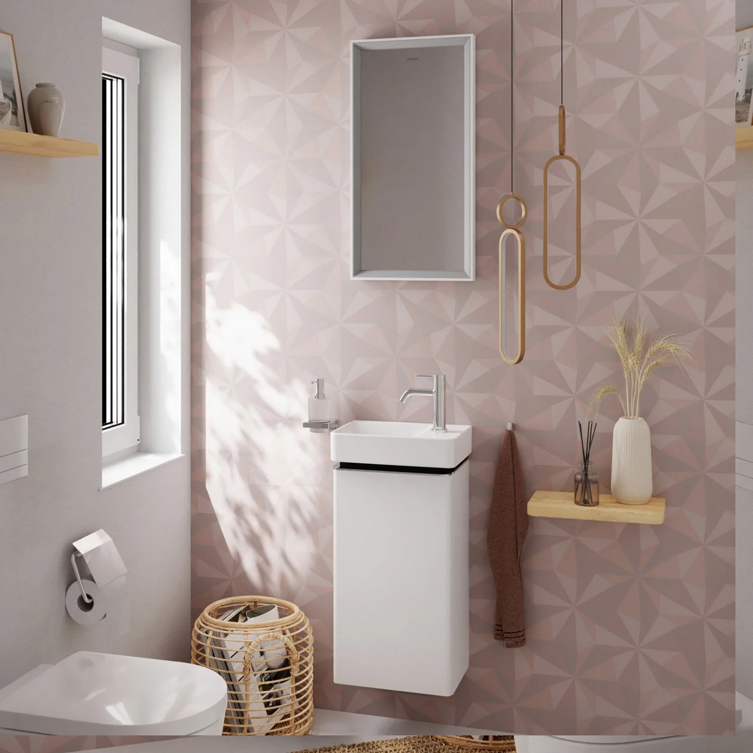 Biała szafka pod umywalkę w nowoczesnej łazience, hansgrohe
