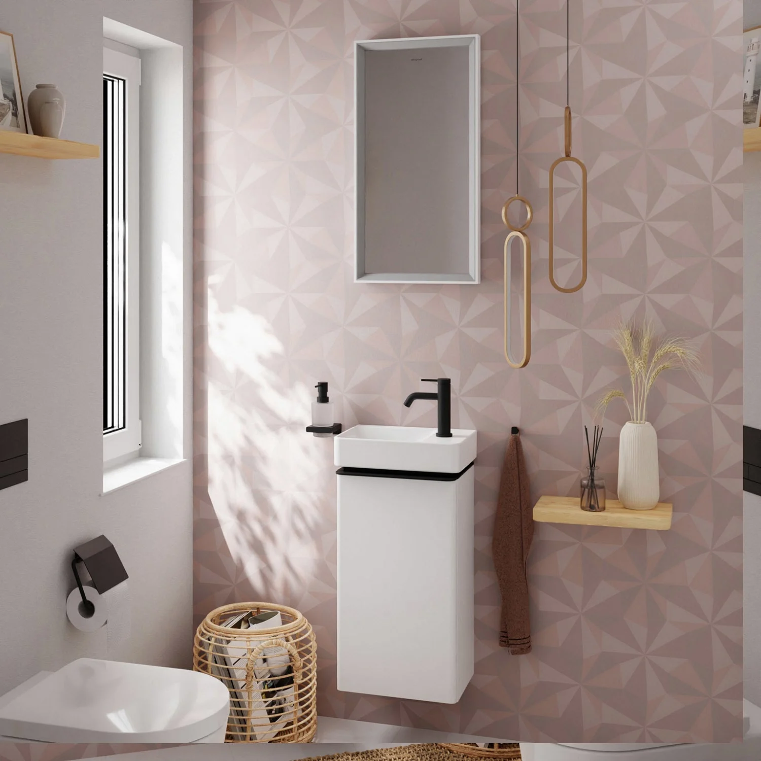 Łazienka z szafką pod umywalkę i lustrem, hansgrohe