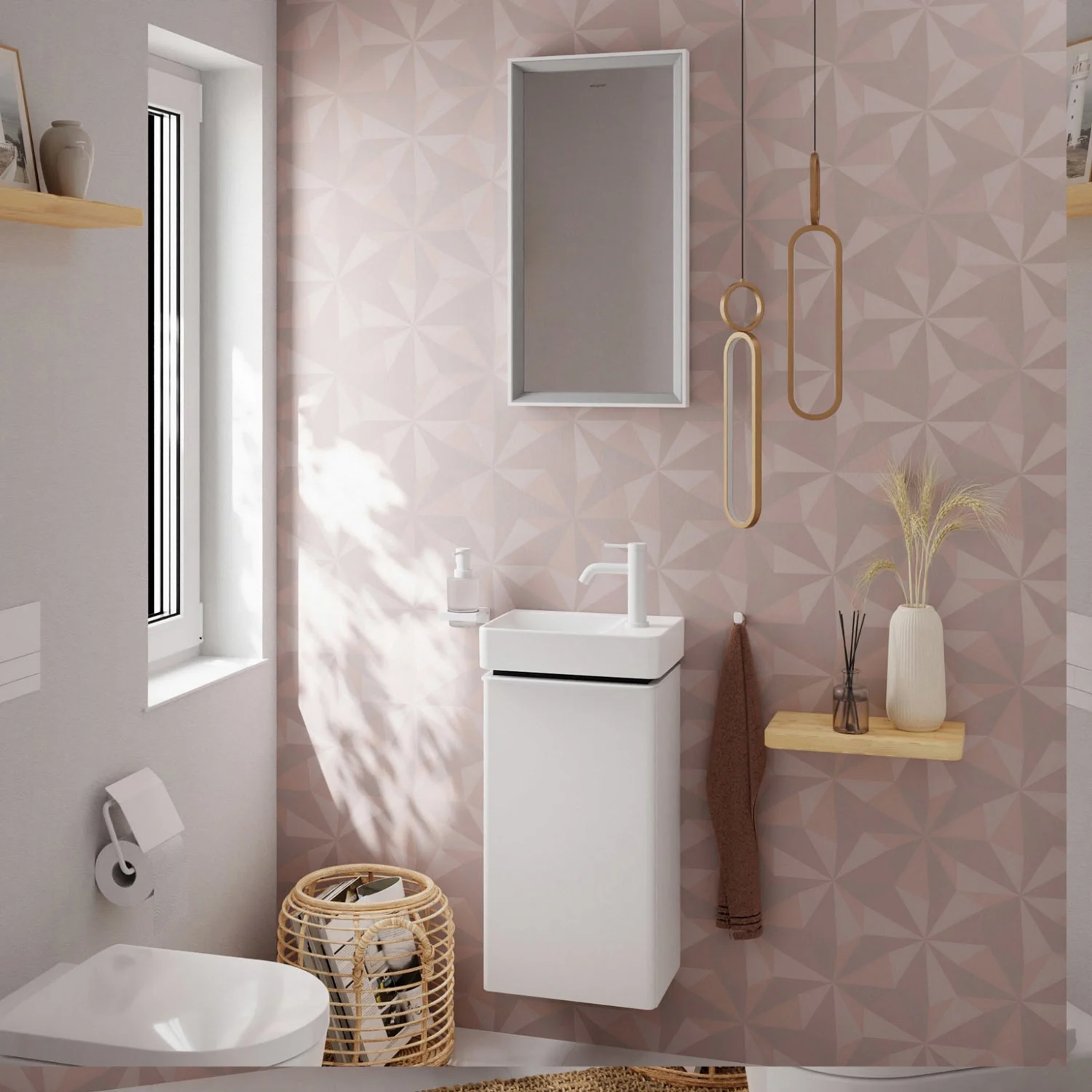Łazienka z szafką pod umywalkę i lustrem, hansgrohe