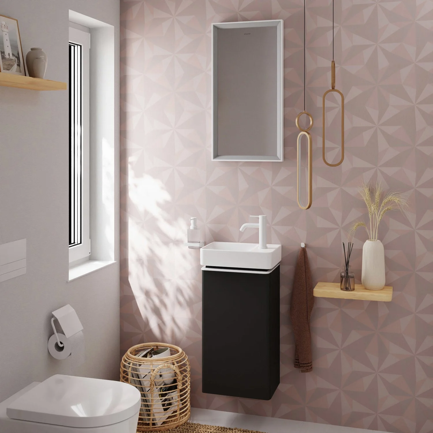 Łazienka z szafką pod umywalkę i lustrem, hansgrohe