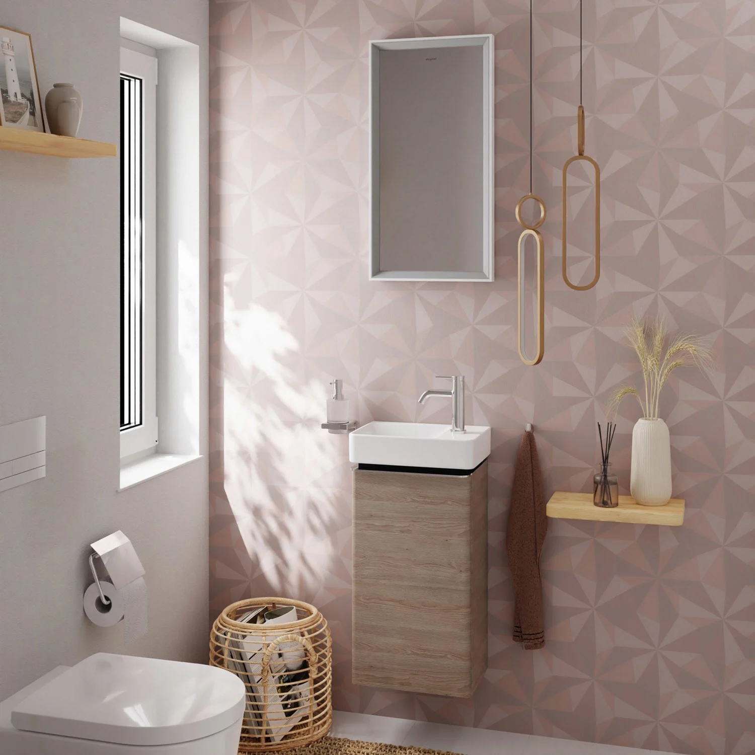 Łazienka z szafką pod umywalkę i lustrem, hansgrohe