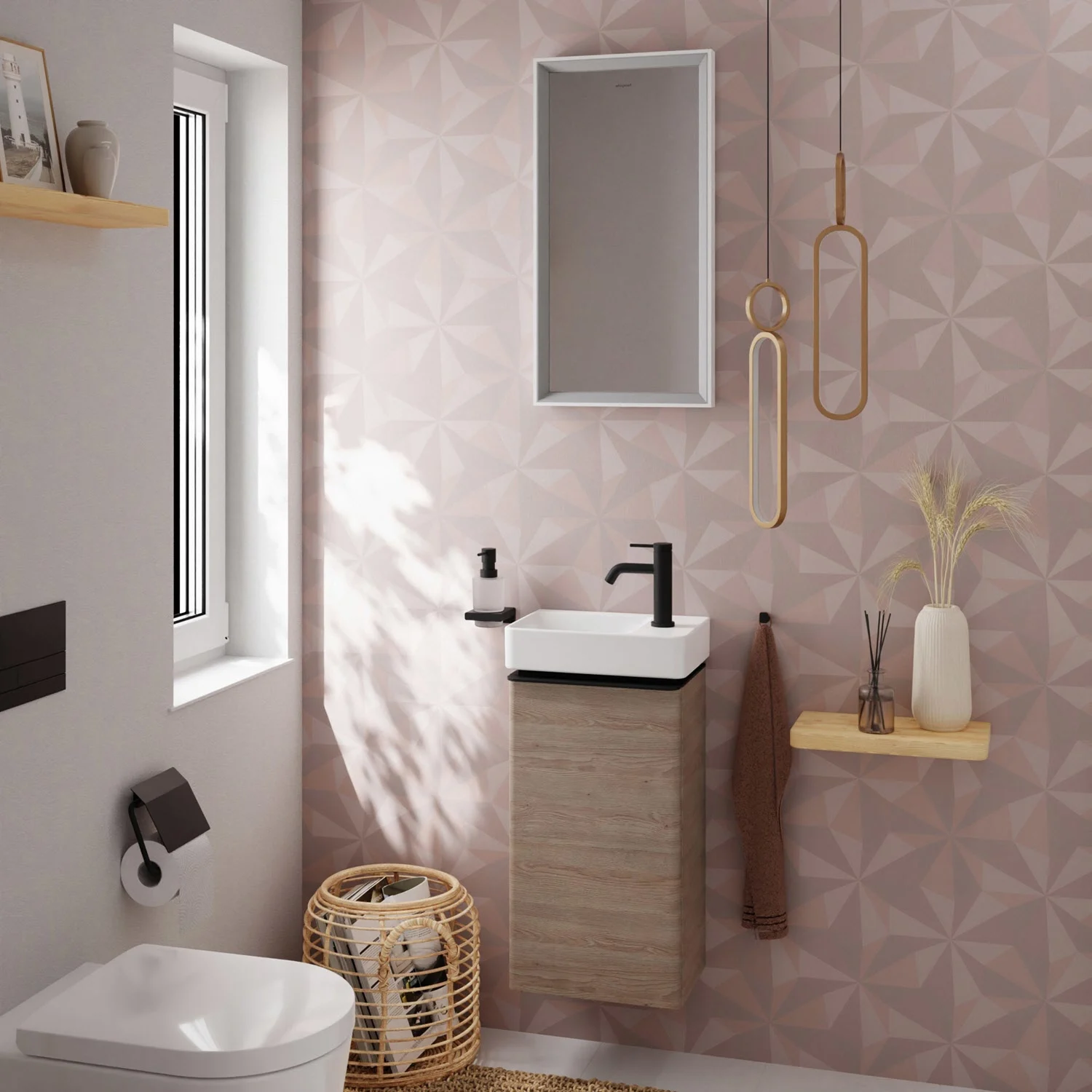 Łazienka z szafką pod umywalkę i lustrem, hansgrohe
