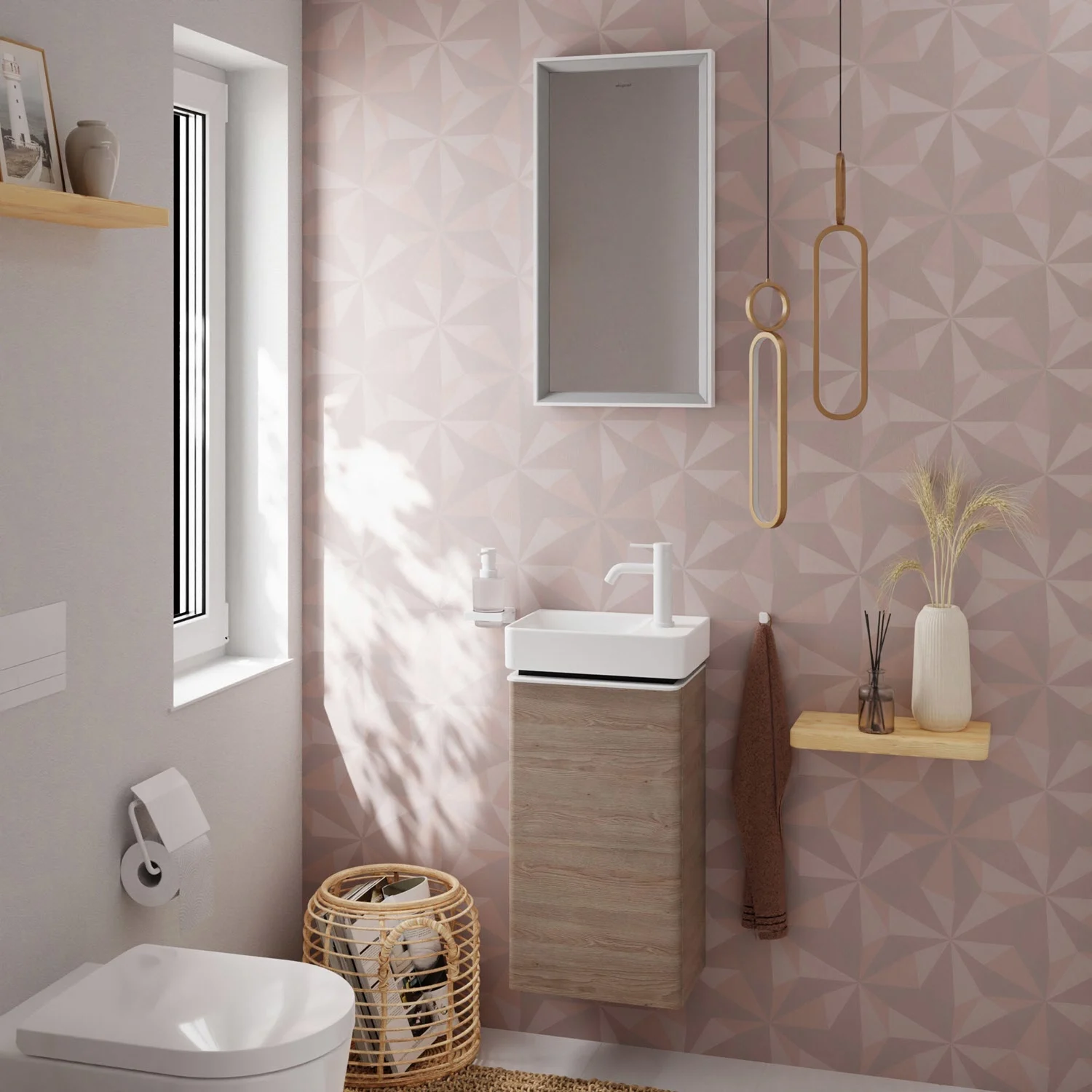 Łazienka z jasną szafką podumywalkową i lustrem, hansgrohe