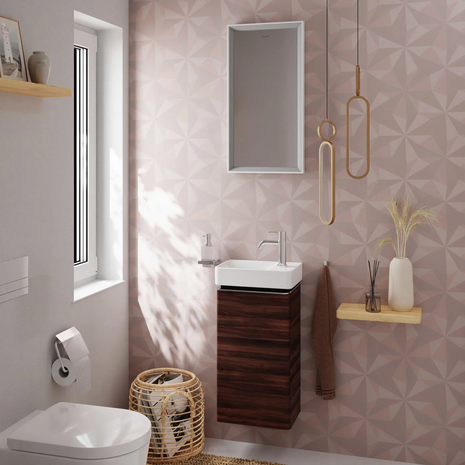 Łazienka z brązową szafką podumywalkową i srebrną baterią, hansgrohe