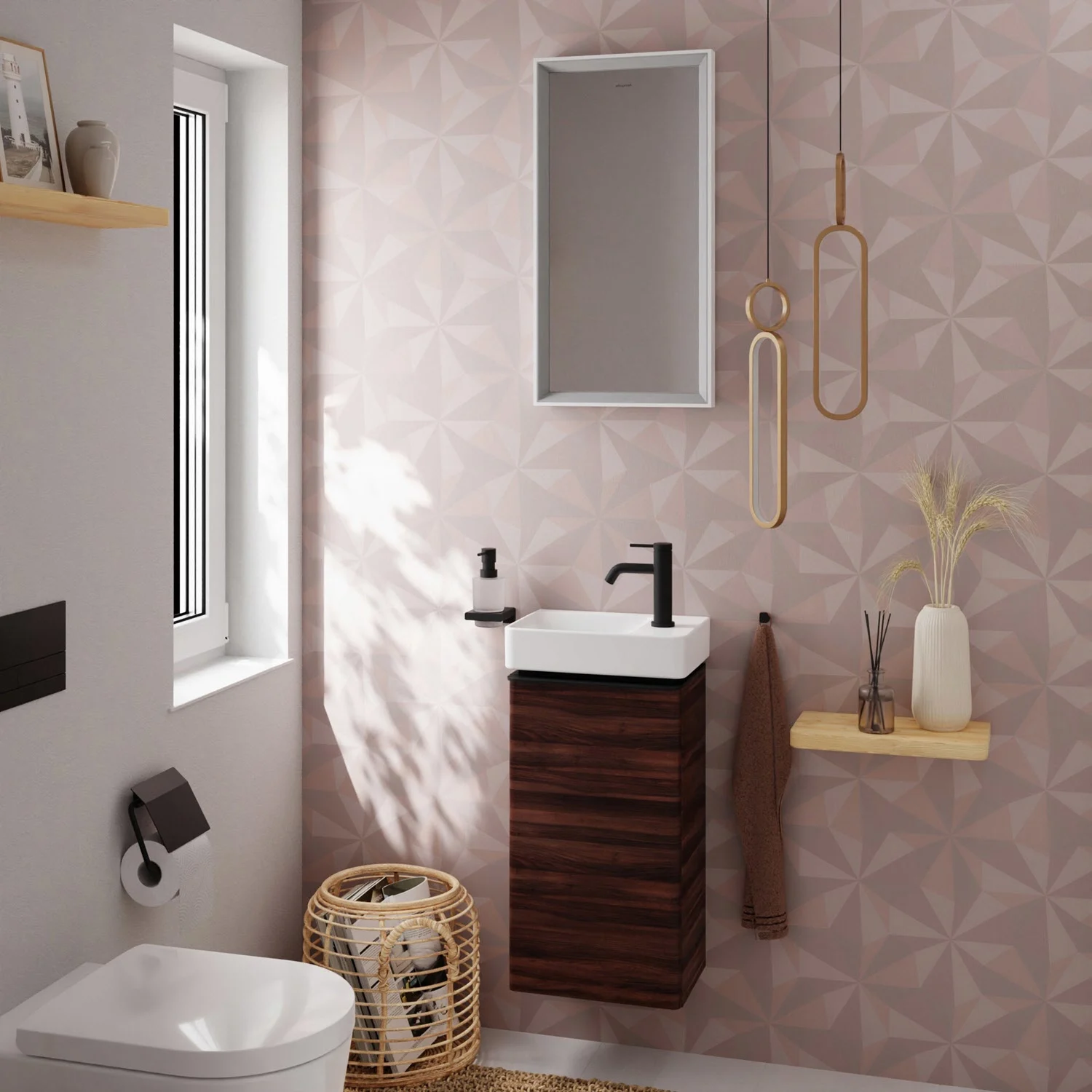 Łazienka z brązową szafką podumywalkową i czarną baterią, hansgrohe