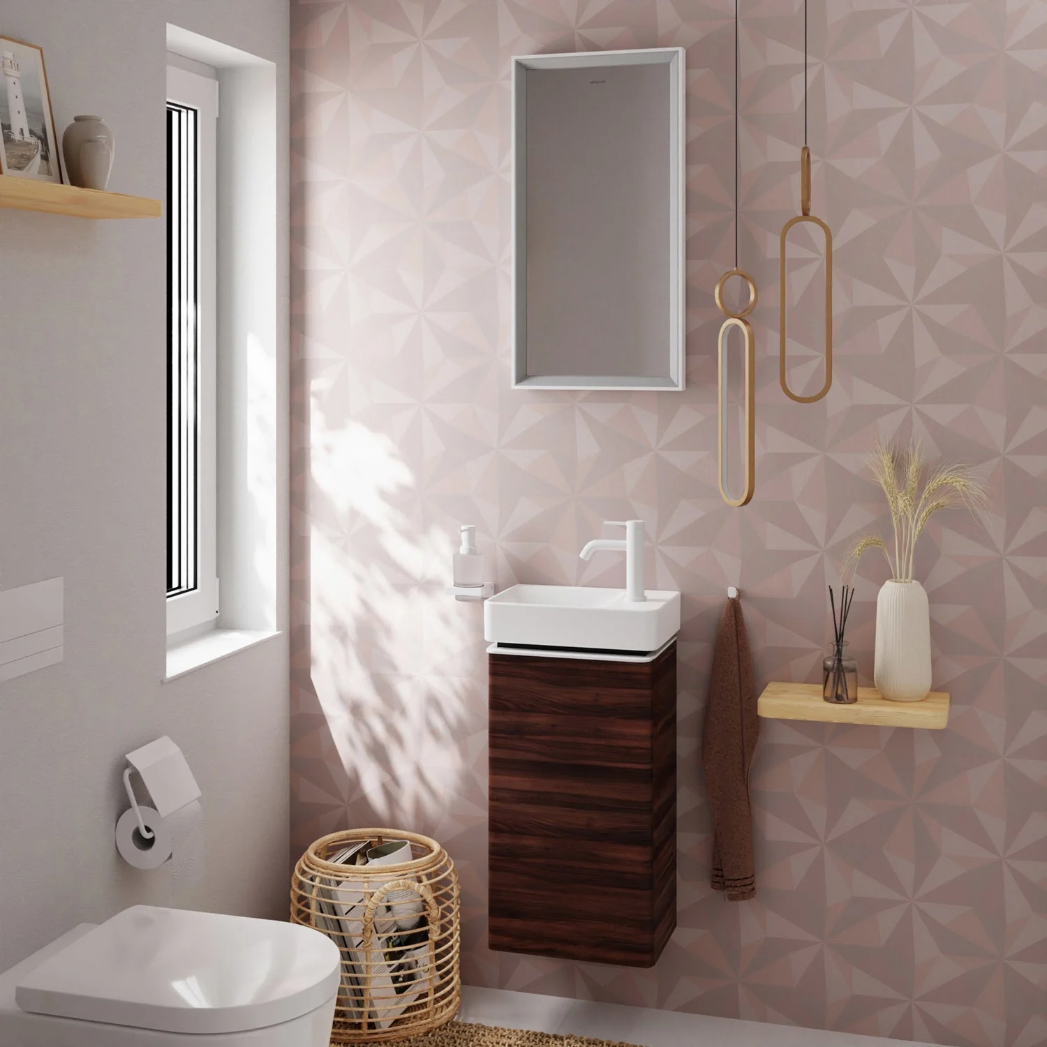 Łazienka z brązową szafką podumywalkową i lustrem, hansgrohe