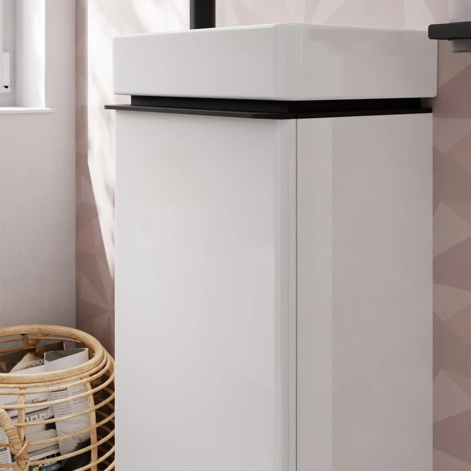 Biała szafka pod umywalkę z czarnym akcentem, hansgrohe