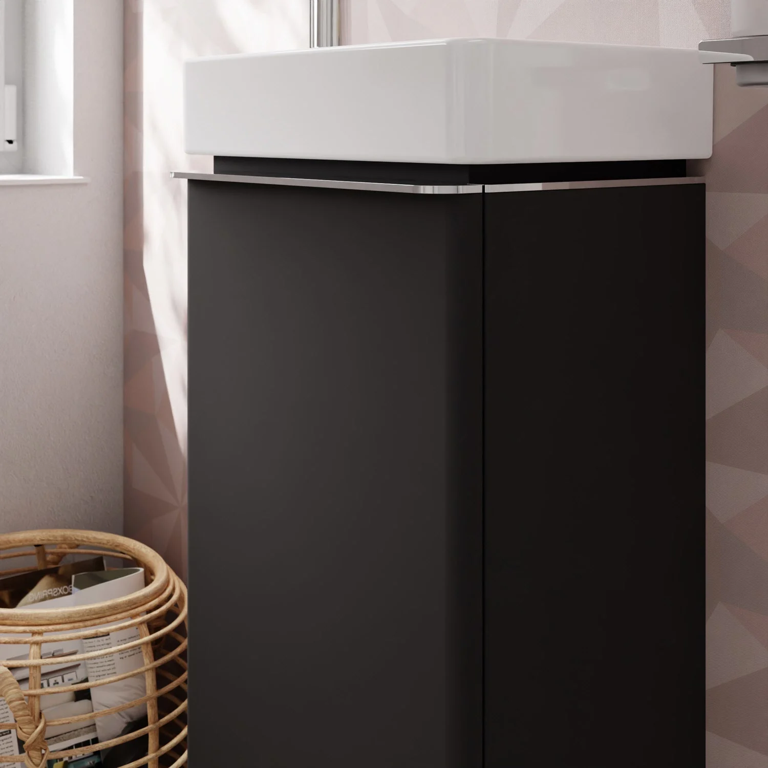 Ciemna szafka pod umywalkę w łazience, hansgrohe