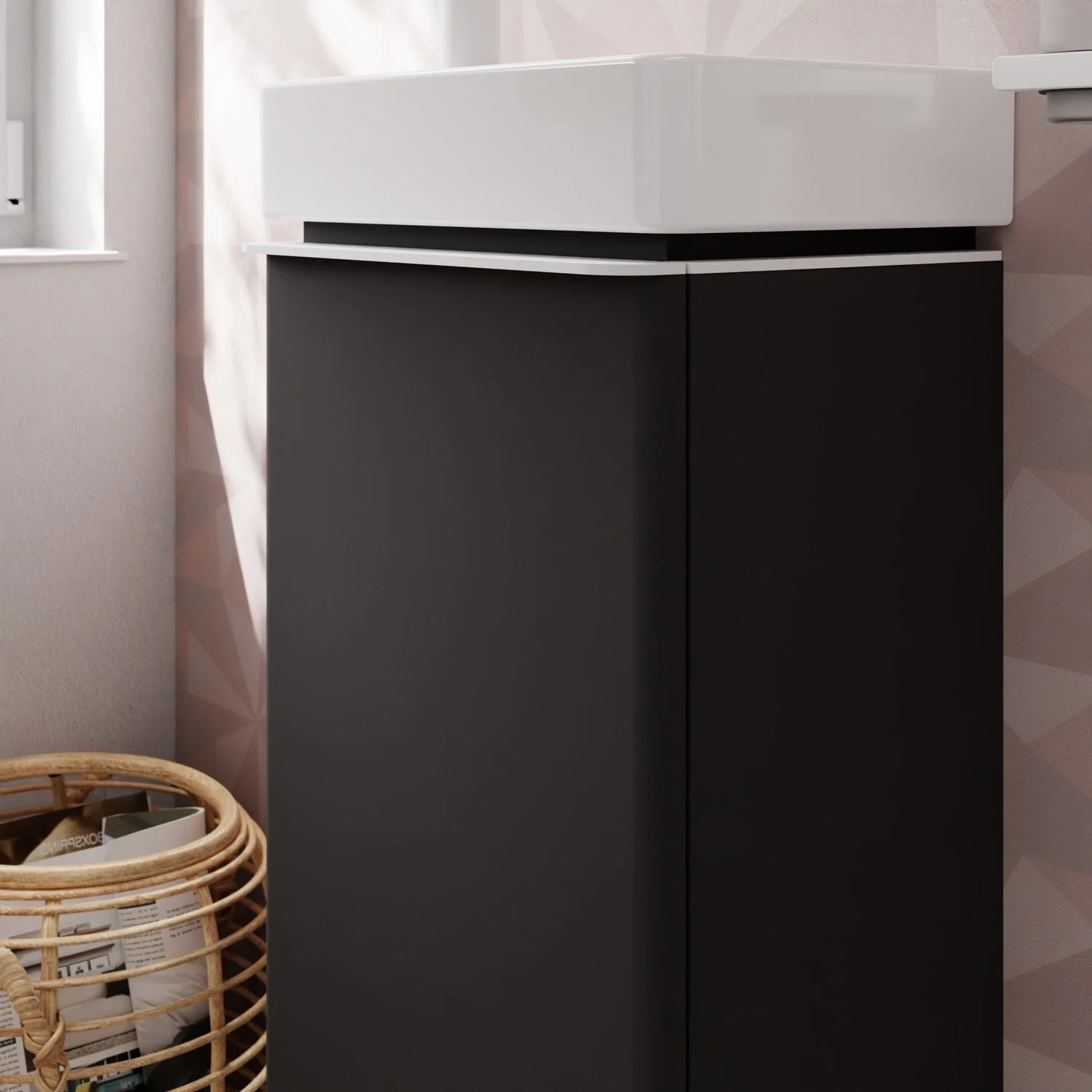 Czarna szafka pod umywalkę w łazience, hansgrohe