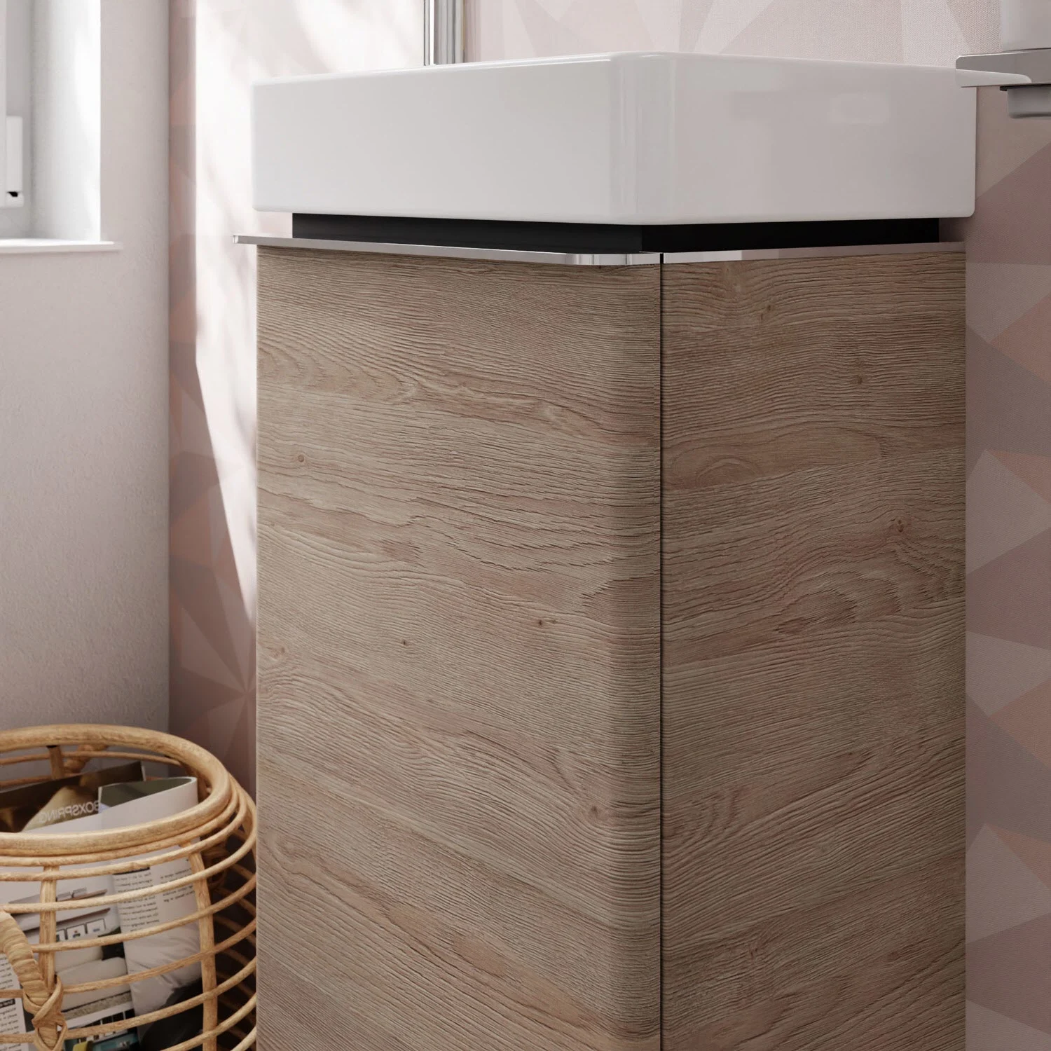 Szafka pod umywalkę w drewnianym wyglądzie w łazience, hansgrohe