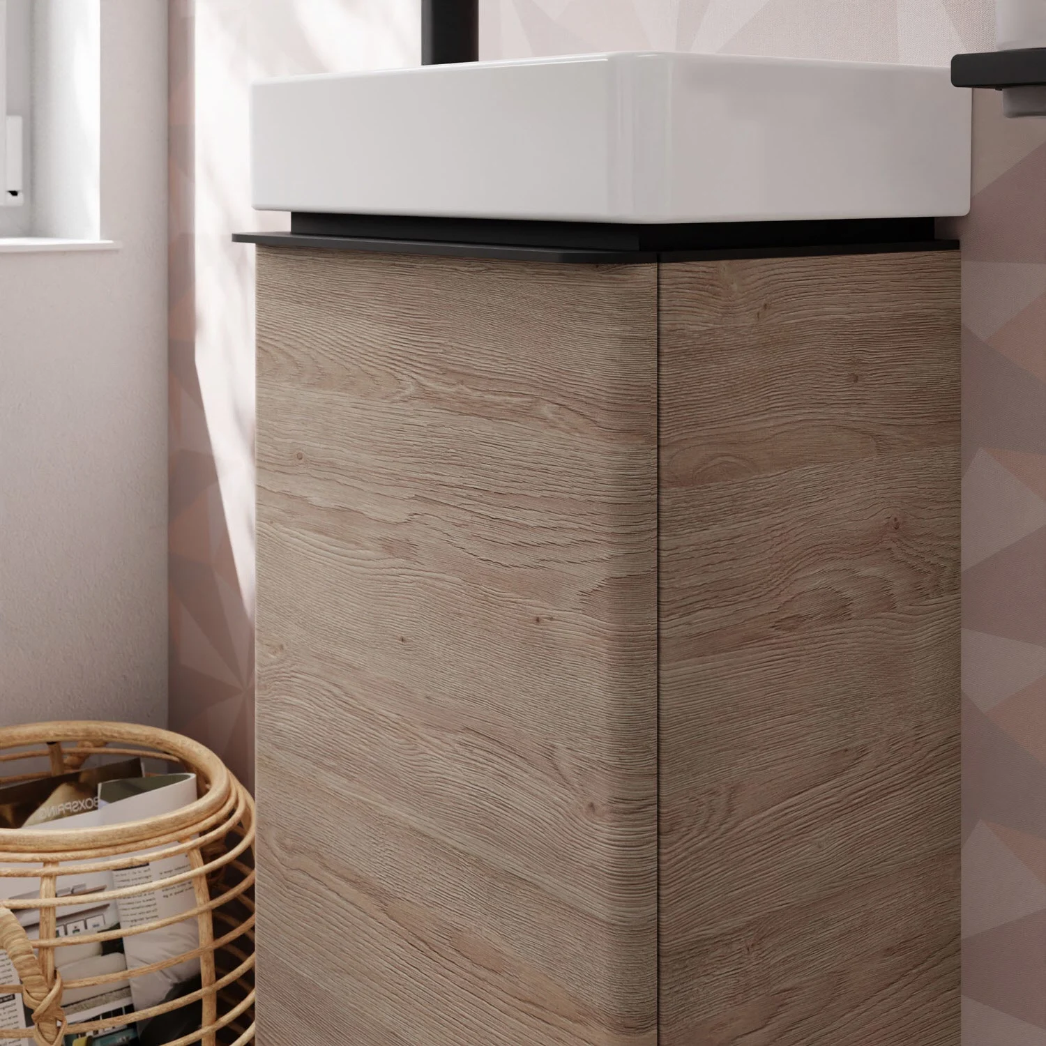 Jasnobrązowa szafka pod umywalkę w łazience, hansgrohe