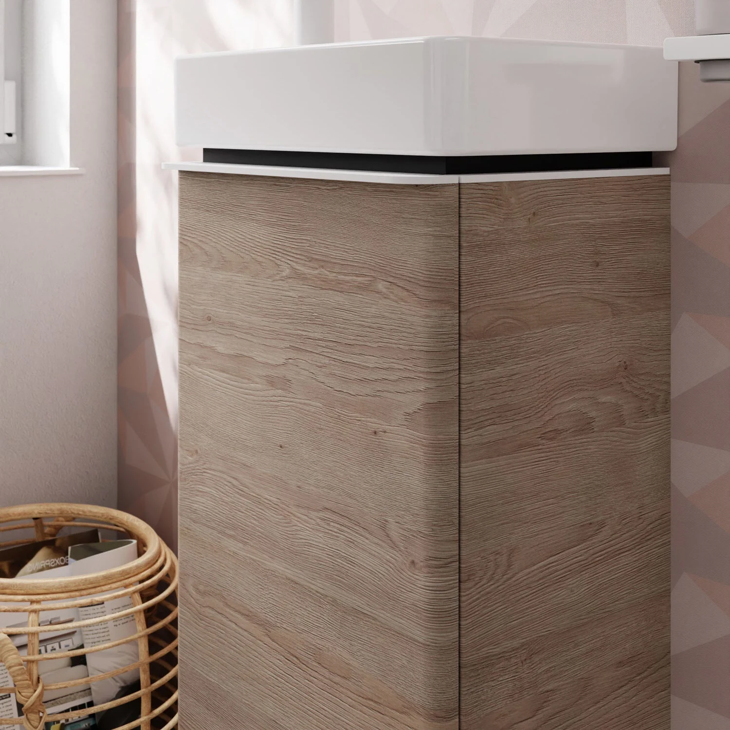 Jasnobrązowa szafka pod umywalkę w łazience, hansgrohe
