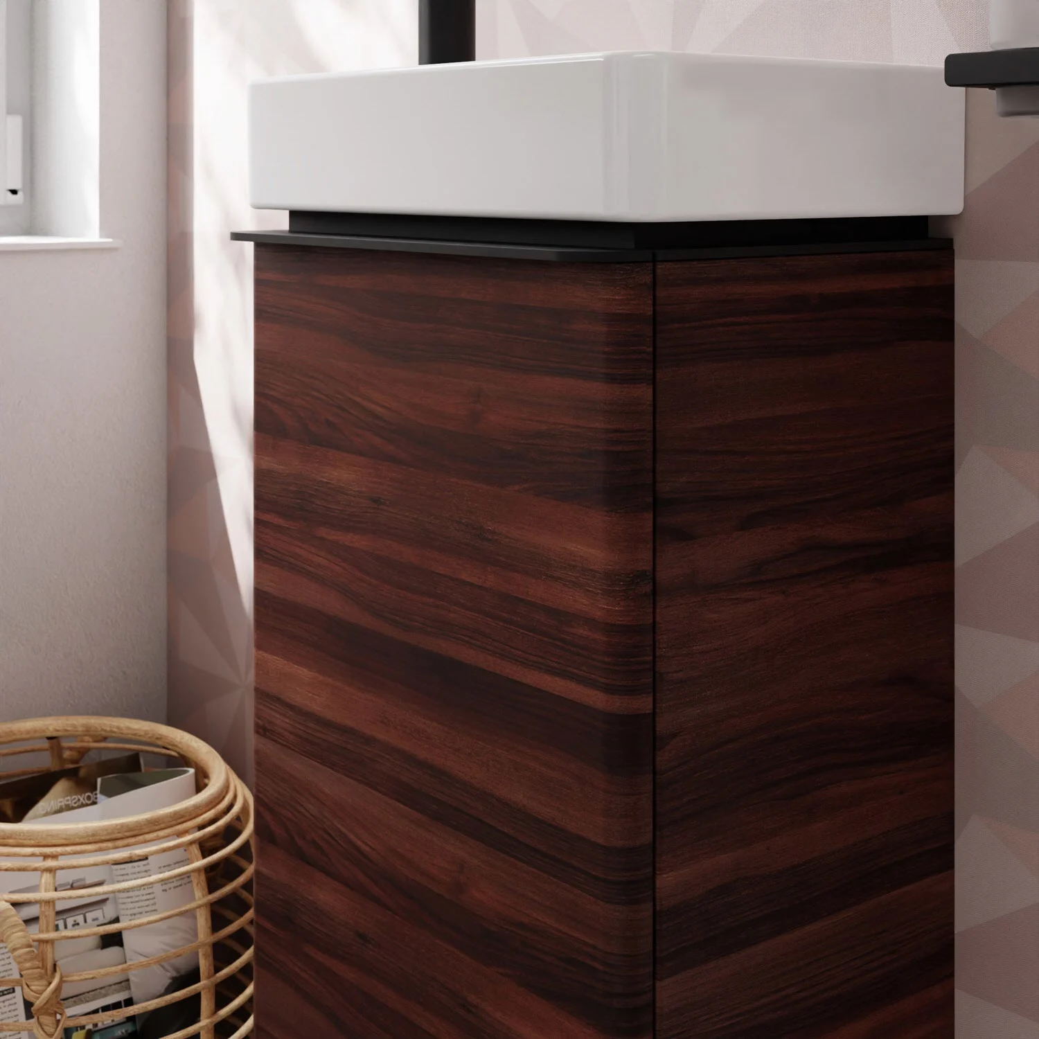 Ciemnobrązowa szafka pod umywalkę w łazience, hansgrohe